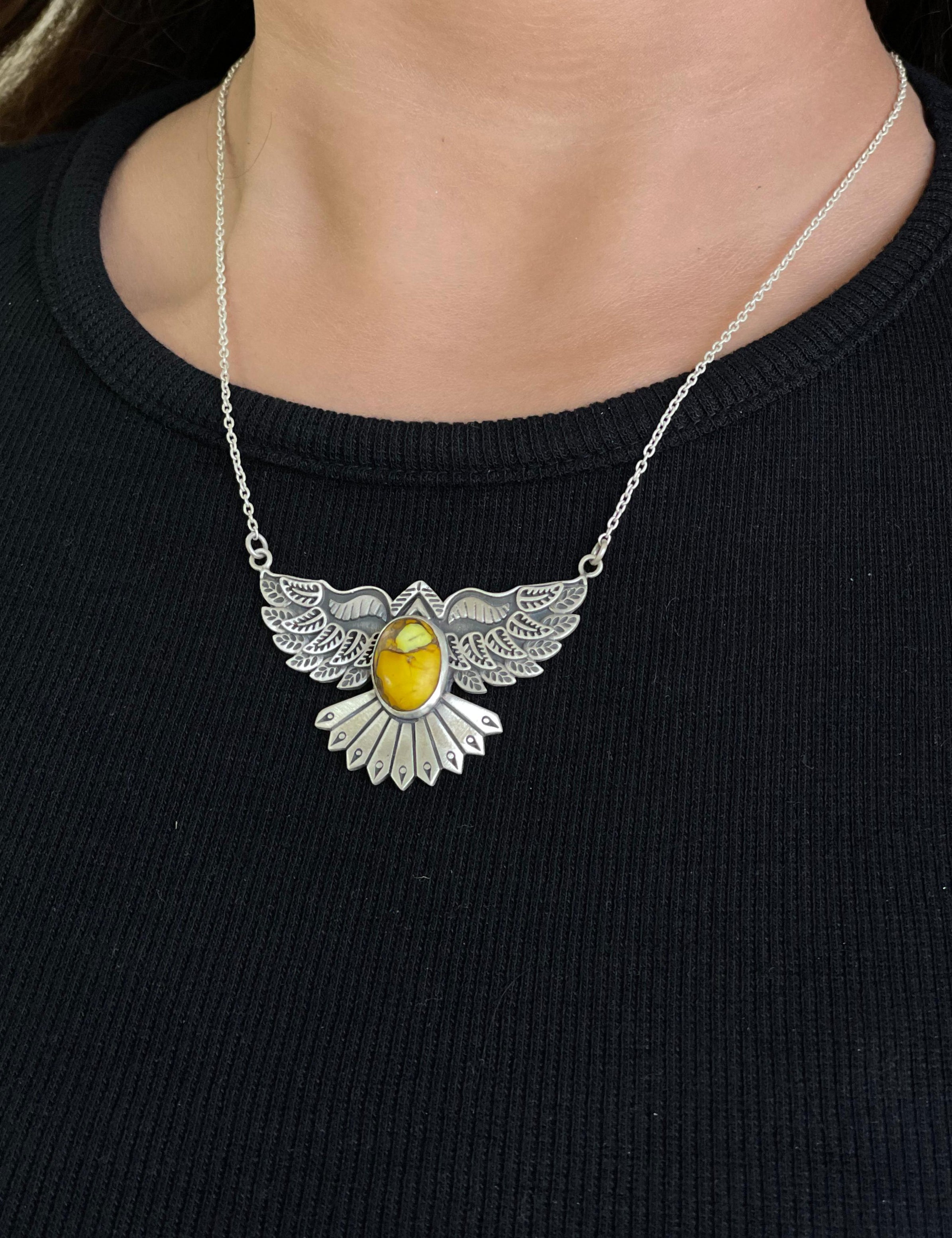 Handmade Sterling Silver Honey Dahlia Necklace with Signed Nizhoni