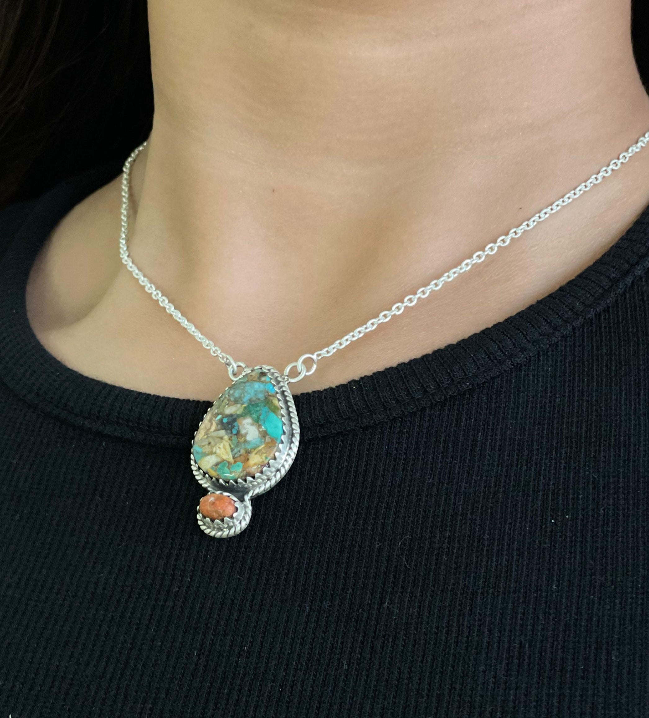 Handmade Sterling Silver Royston Turquoise with Orange Mojave Necklace, Signed Nizhoni