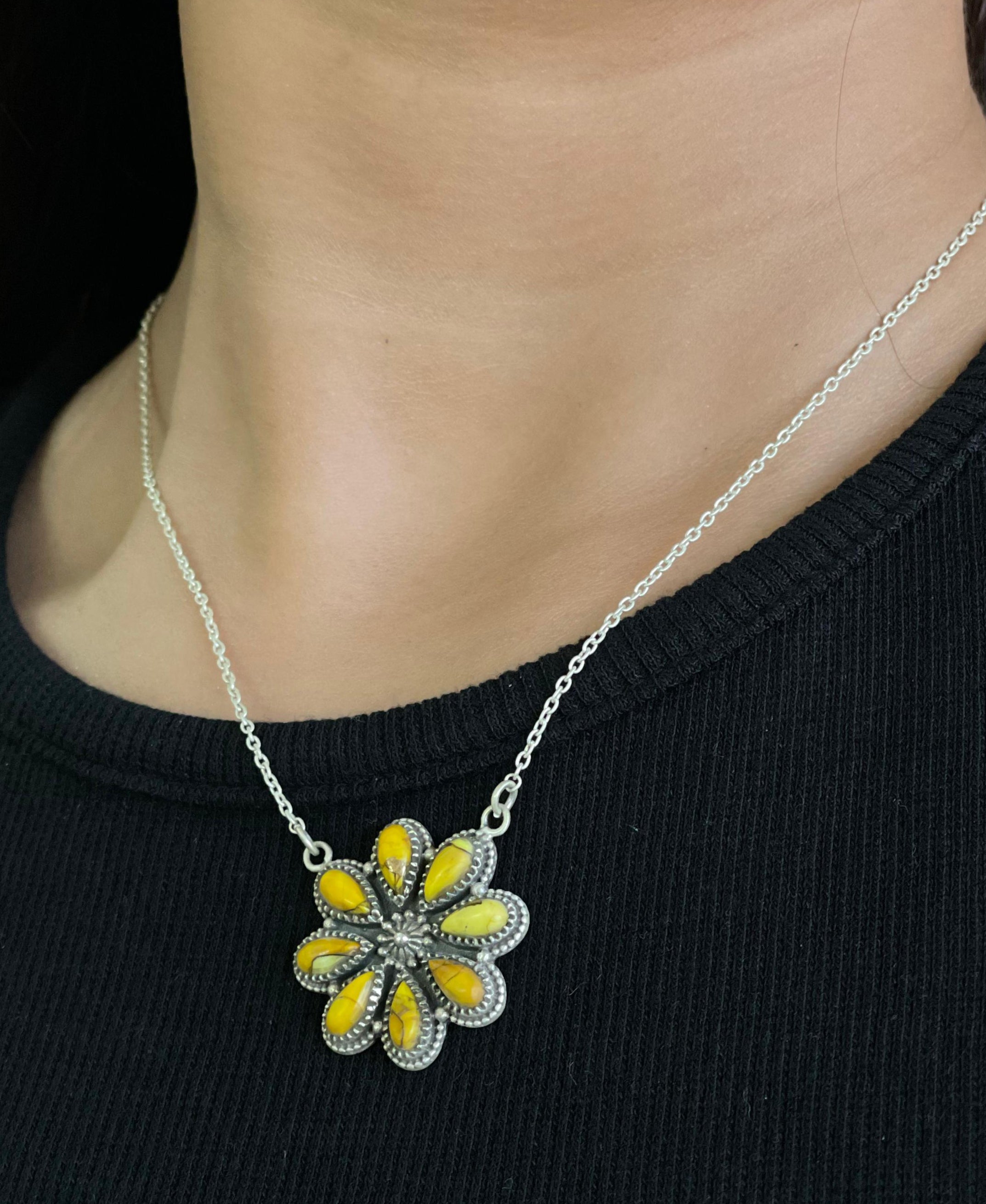 Handmade Sterling Silver Honey Dahlia Necklace with Signed Nizhoni