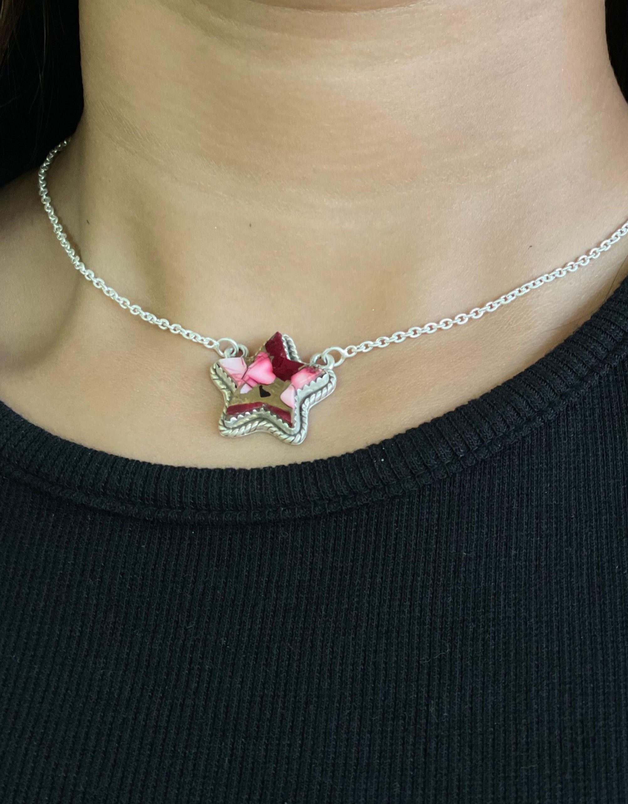 Handmade Sterling Silver Dahlia Rose Star Necklace with Signed Nizhoni