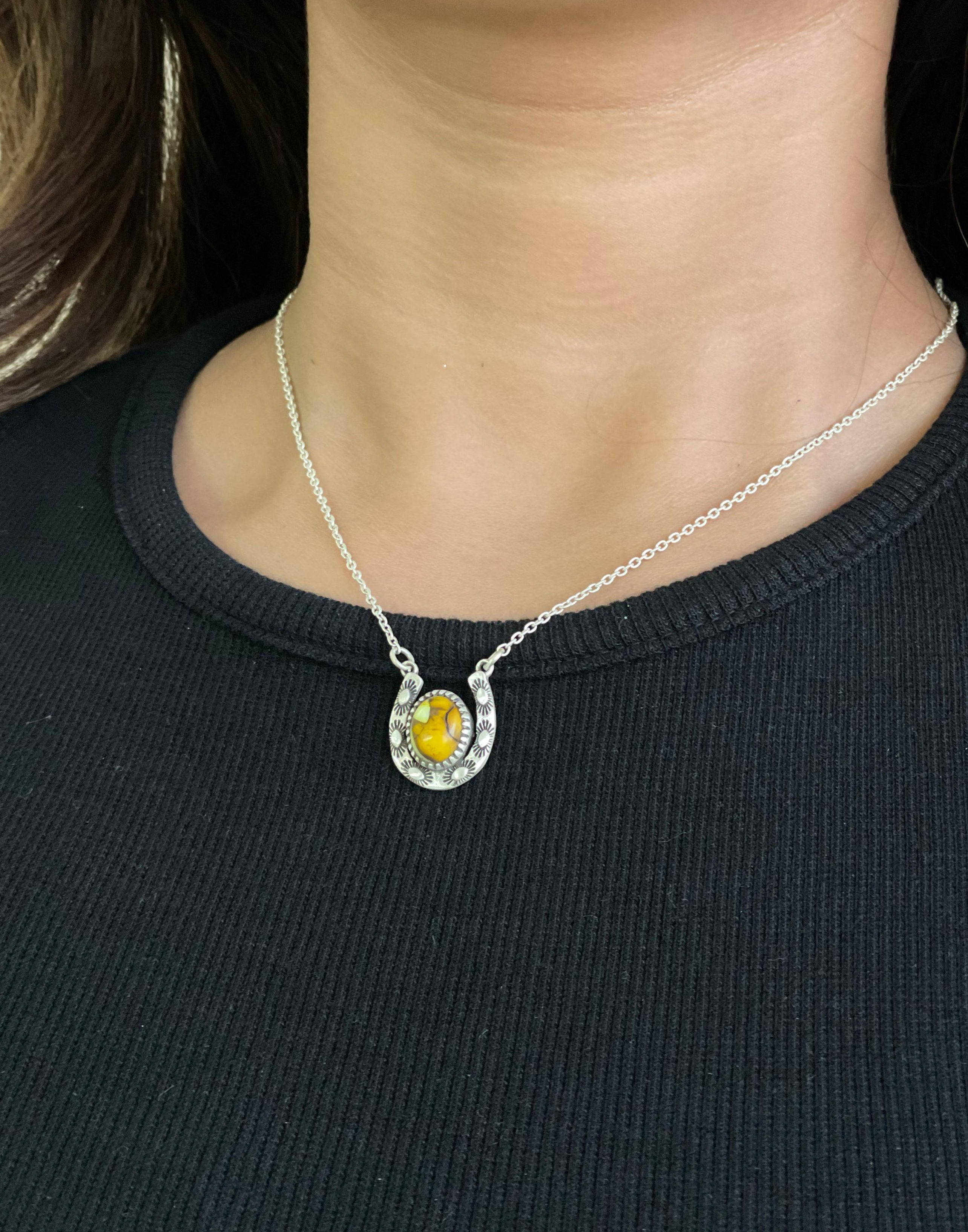 Handmade Sterling Silver Honey Dahlia Horse Shoe Necklace with Signed Nizhoni