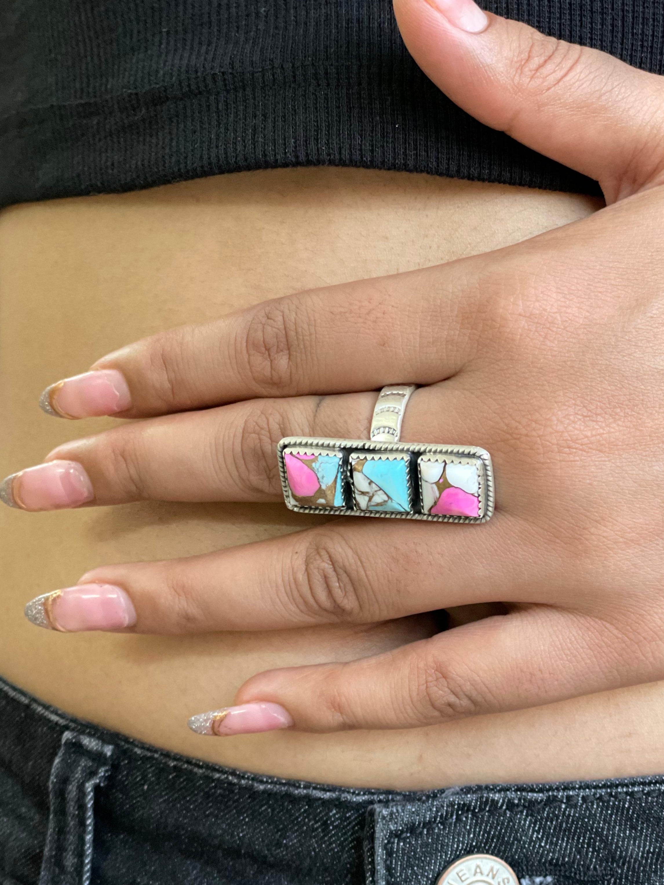 Handmade Sterling Silver Cotton Candy Turquoise Adjustable Ring with Signed Nizhoni