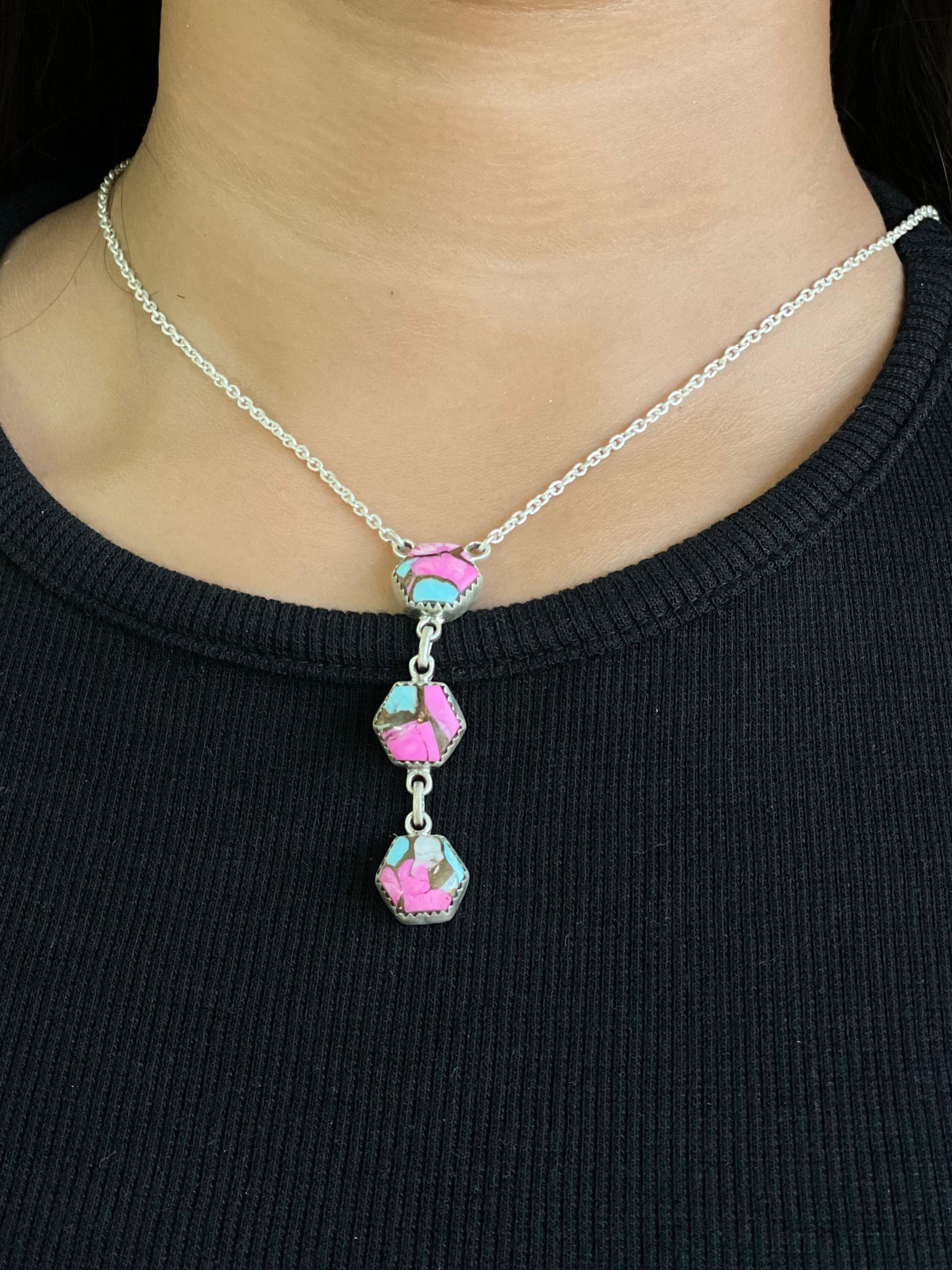 Handmade Sterling Silver Cotton Candy Turquoise Necklace with Signed Nizhoni