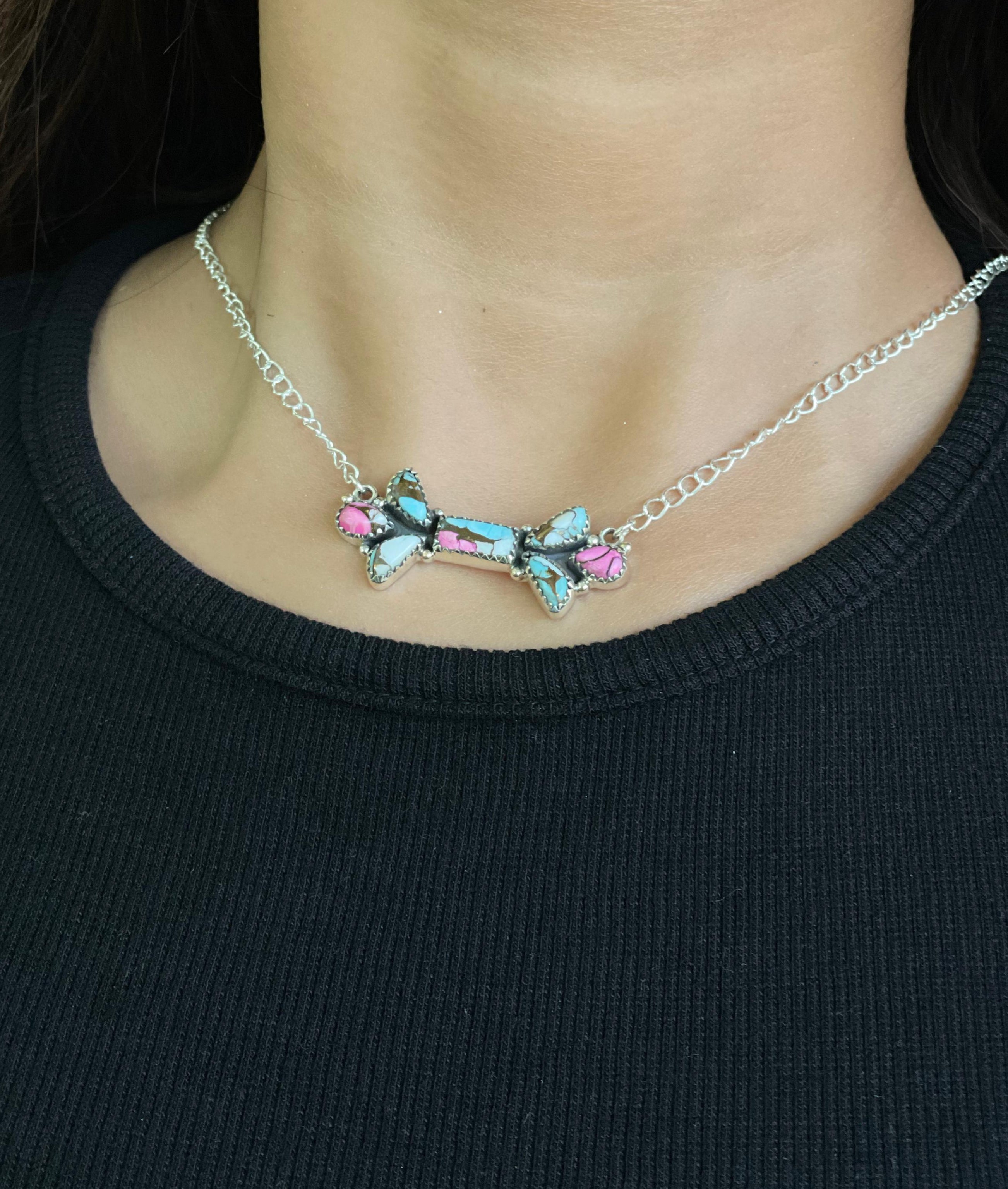 Handmade Sterling Silver Cotton Candy Turquoise Necklace with Signed Nizhoni