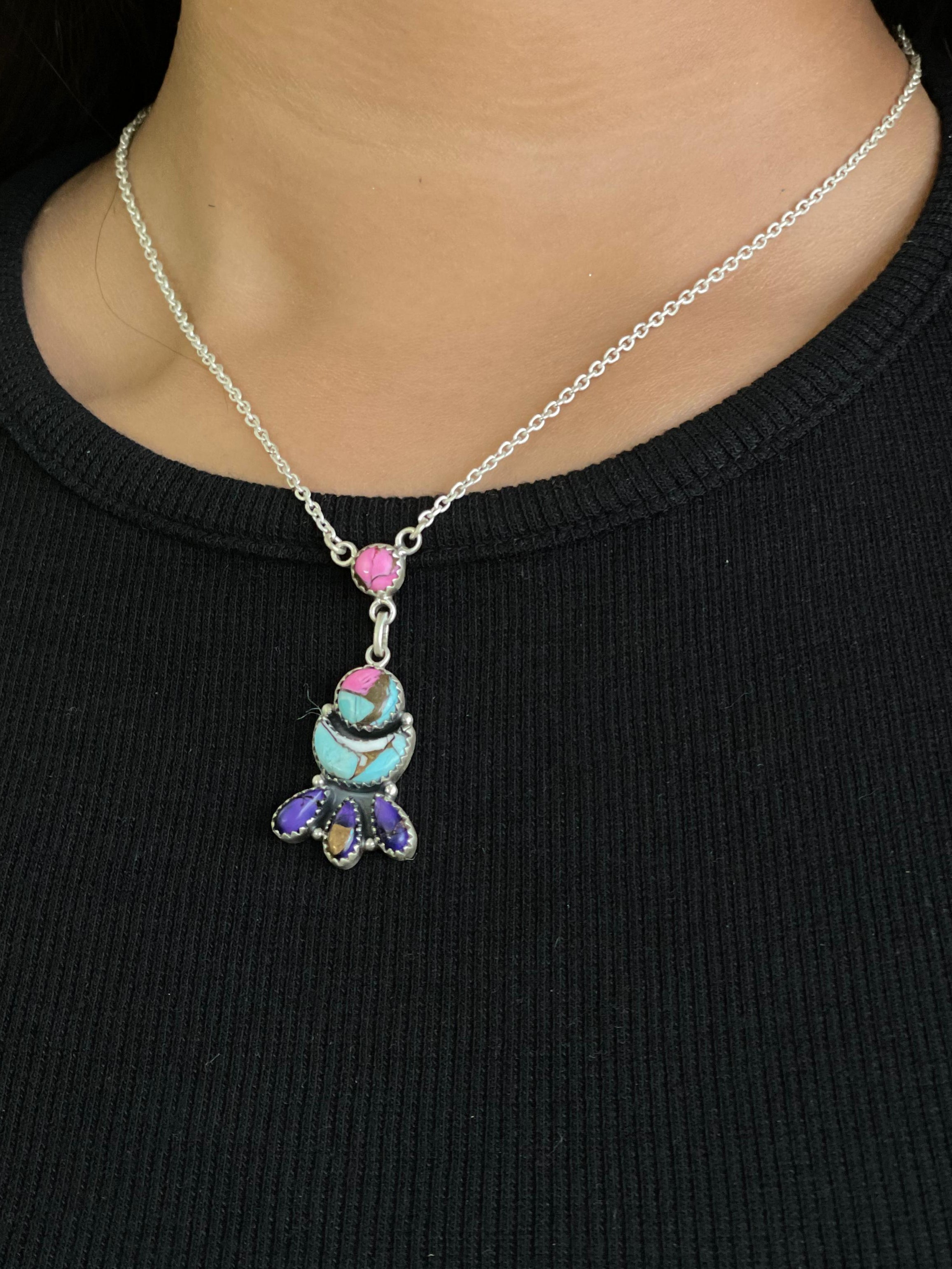 Handmade Sterling Silver Cotton Candy Turquoise Necklace with Signed Nizhoni