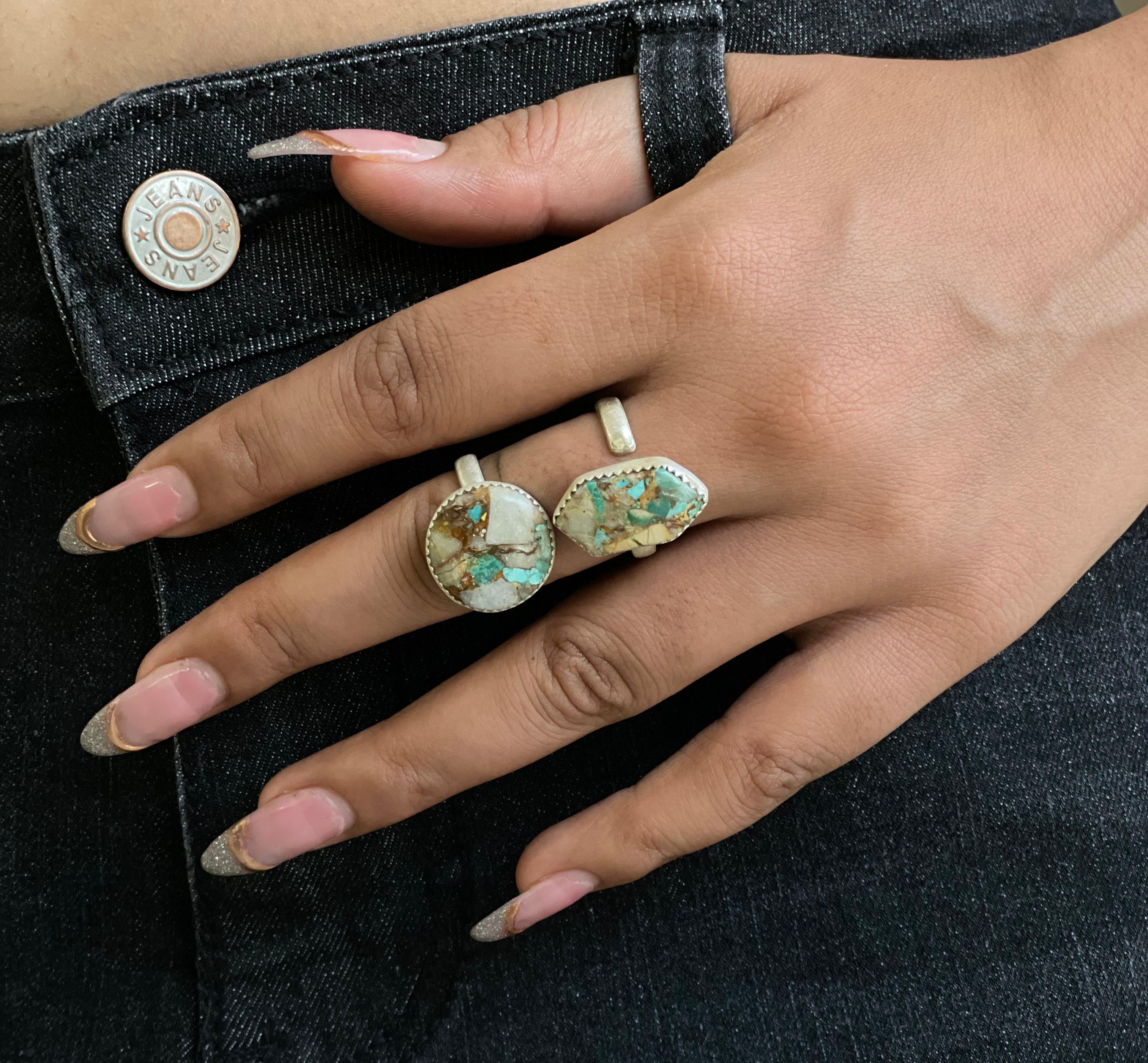 Handmade Sterling Silver Royston Turquoise Adjustable Ring with Signed Nizhoni