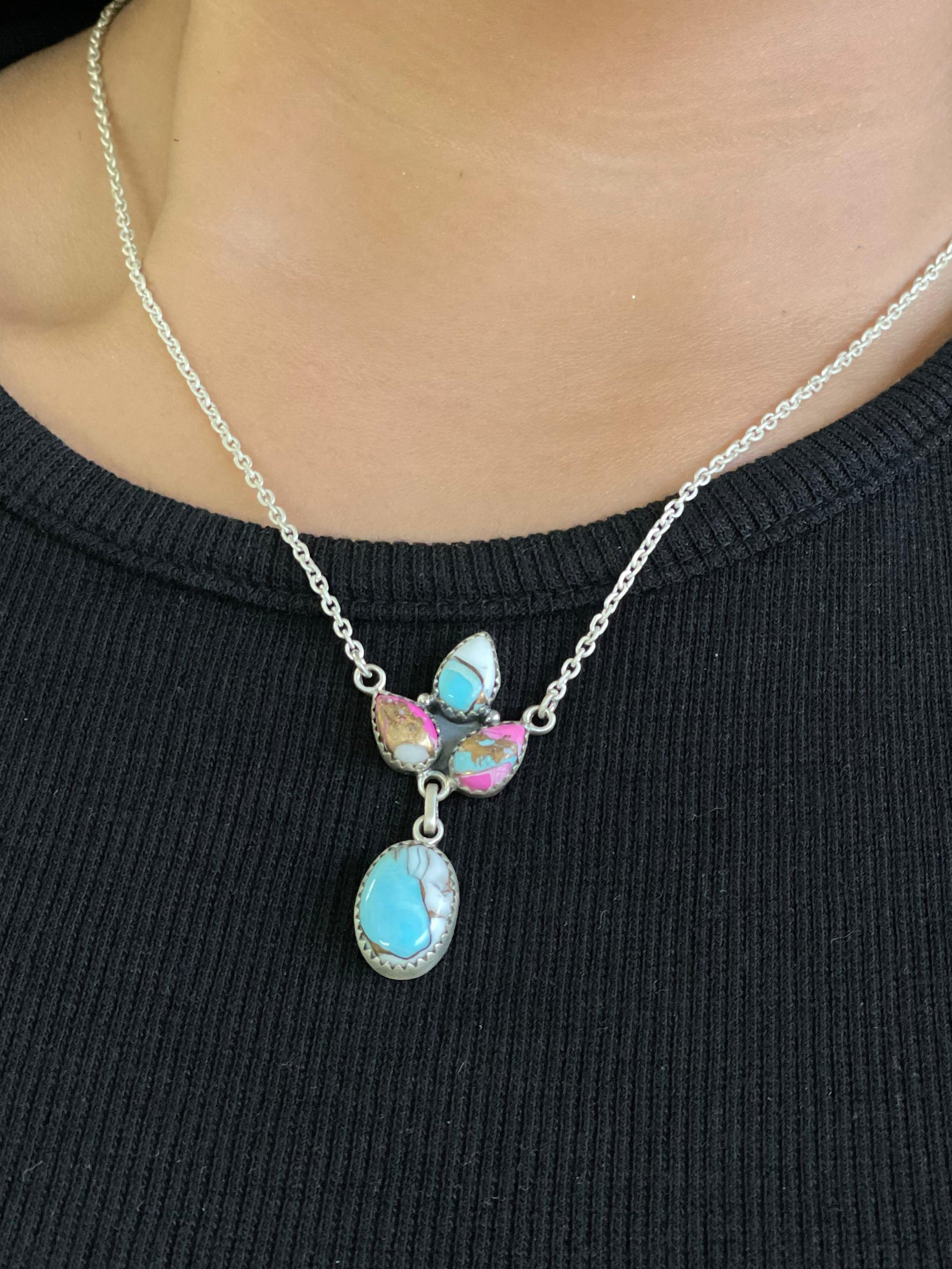 Handmade Sterling Silver Cotton Candy Turquoise Necklace with Signed Nizhoni