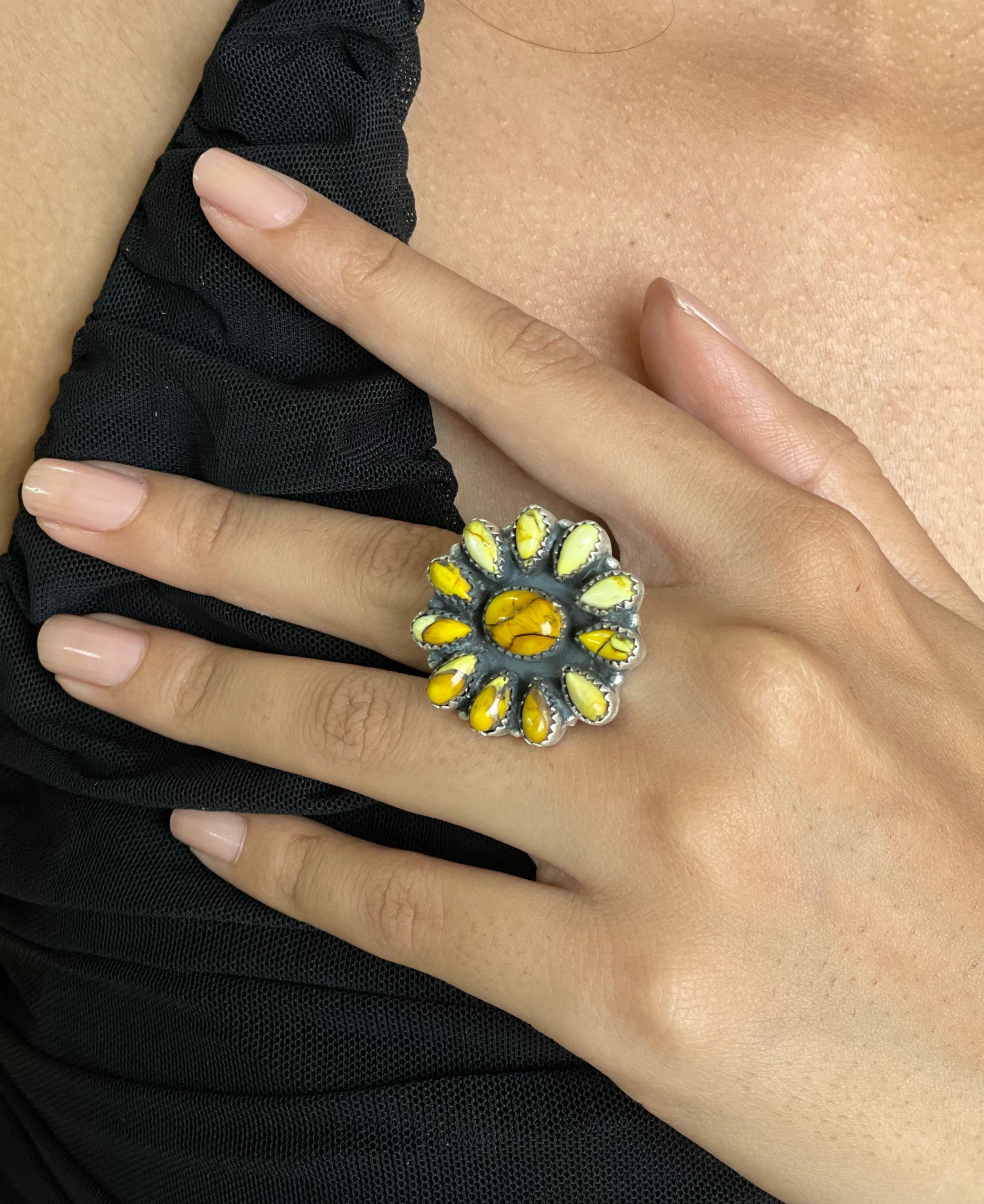 Handmade Sterling Silver Honey Dahlia Adjustable Ring with Signed Nizhoni