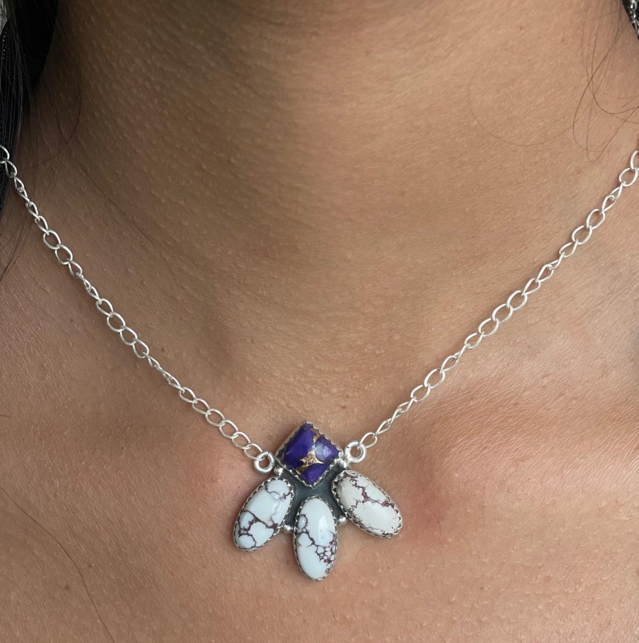 Handmade Sterling Silver Grape Dahlia with Wild Horse Necklace with Signed Nizhoni