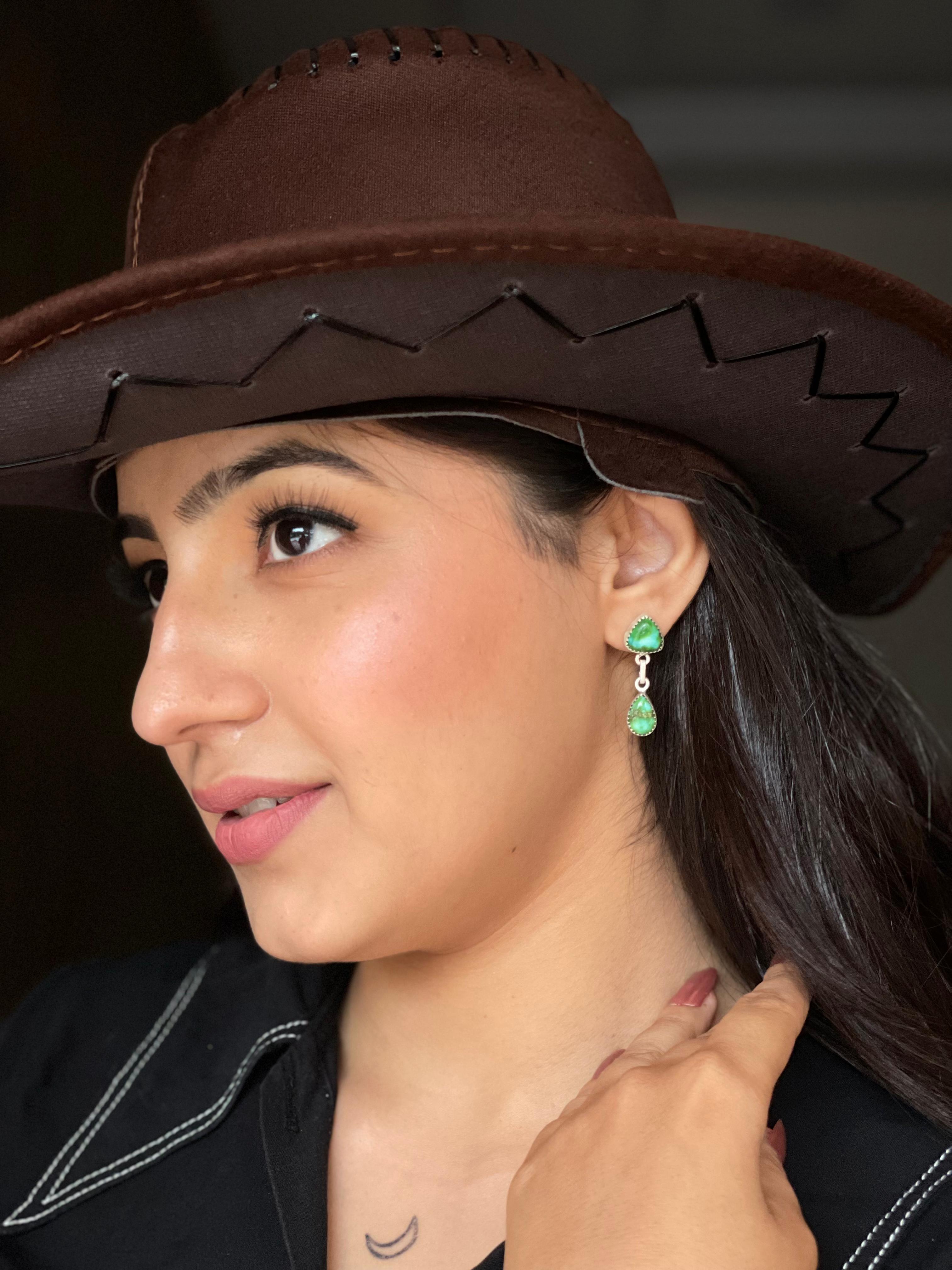 Handmade Sterling Silver Sonoran Mountain Turquoise Post Dangle Earrings with Signed Nizhoni (6)