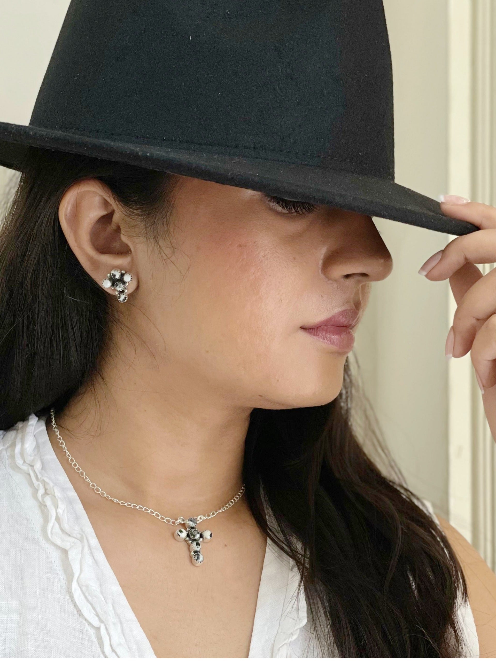 Handmade Sterling Silver White Buffalo Cross Necklace & Earrings Set Signed Nizhoni