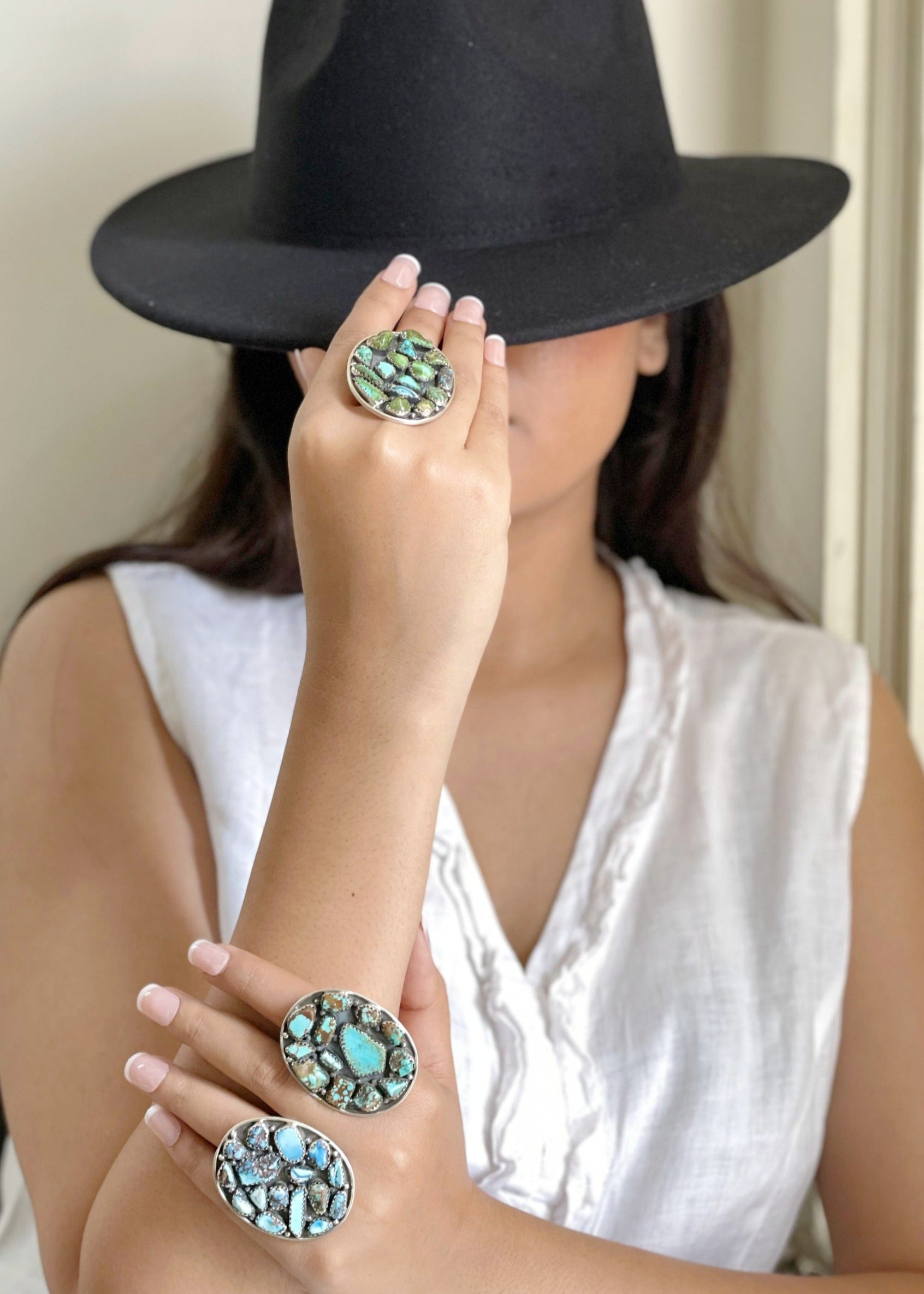 Handmade Sterling Silver Golden Hills, Number 8, Sonoran Mountain Turquoise Adjustable Ring with Signed Nizhoni