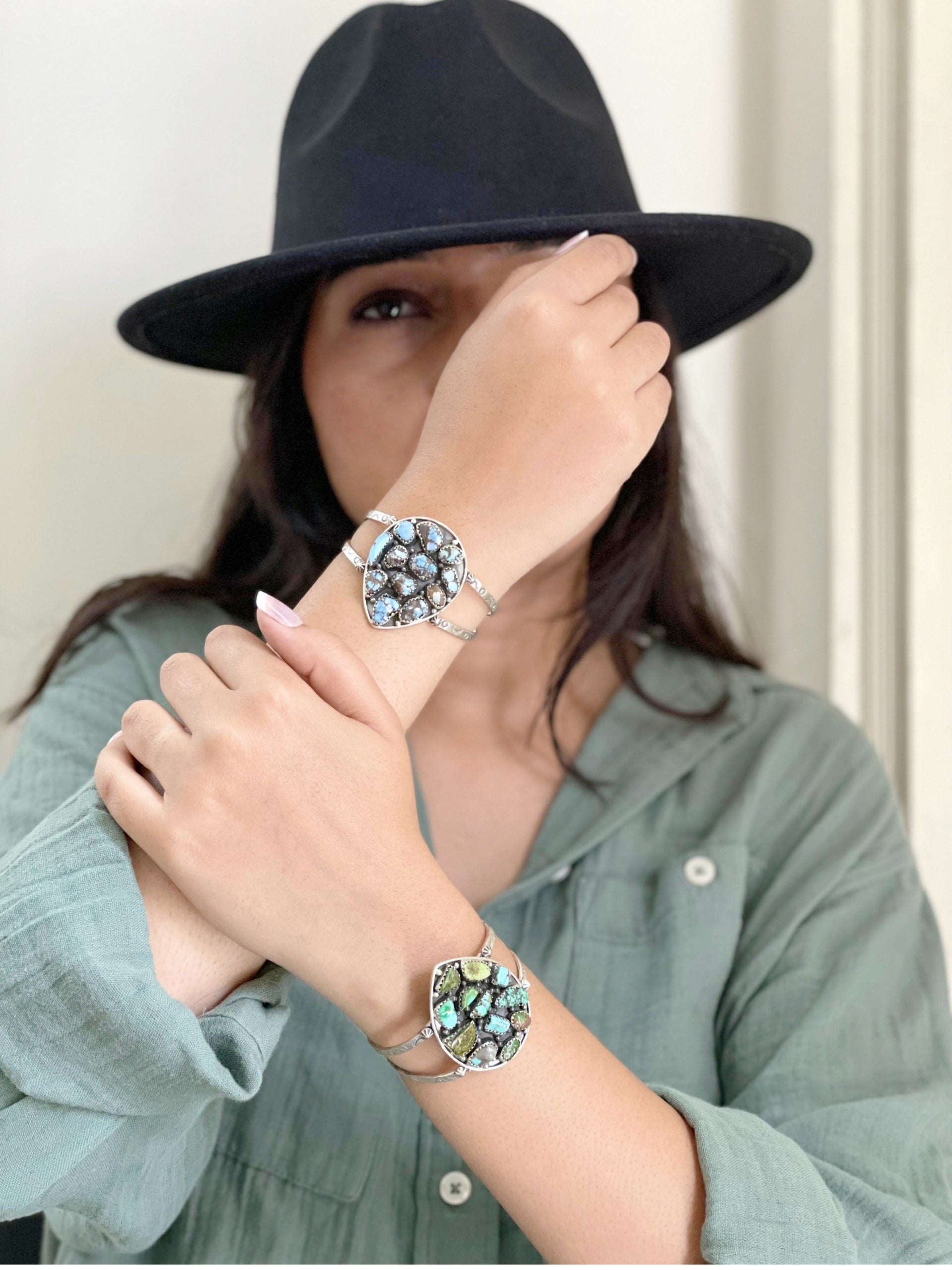 Handmade Sterling Silver Golden Hill, Sonoran Mountain Turquoise Bracelet with Signed Nizhoni /