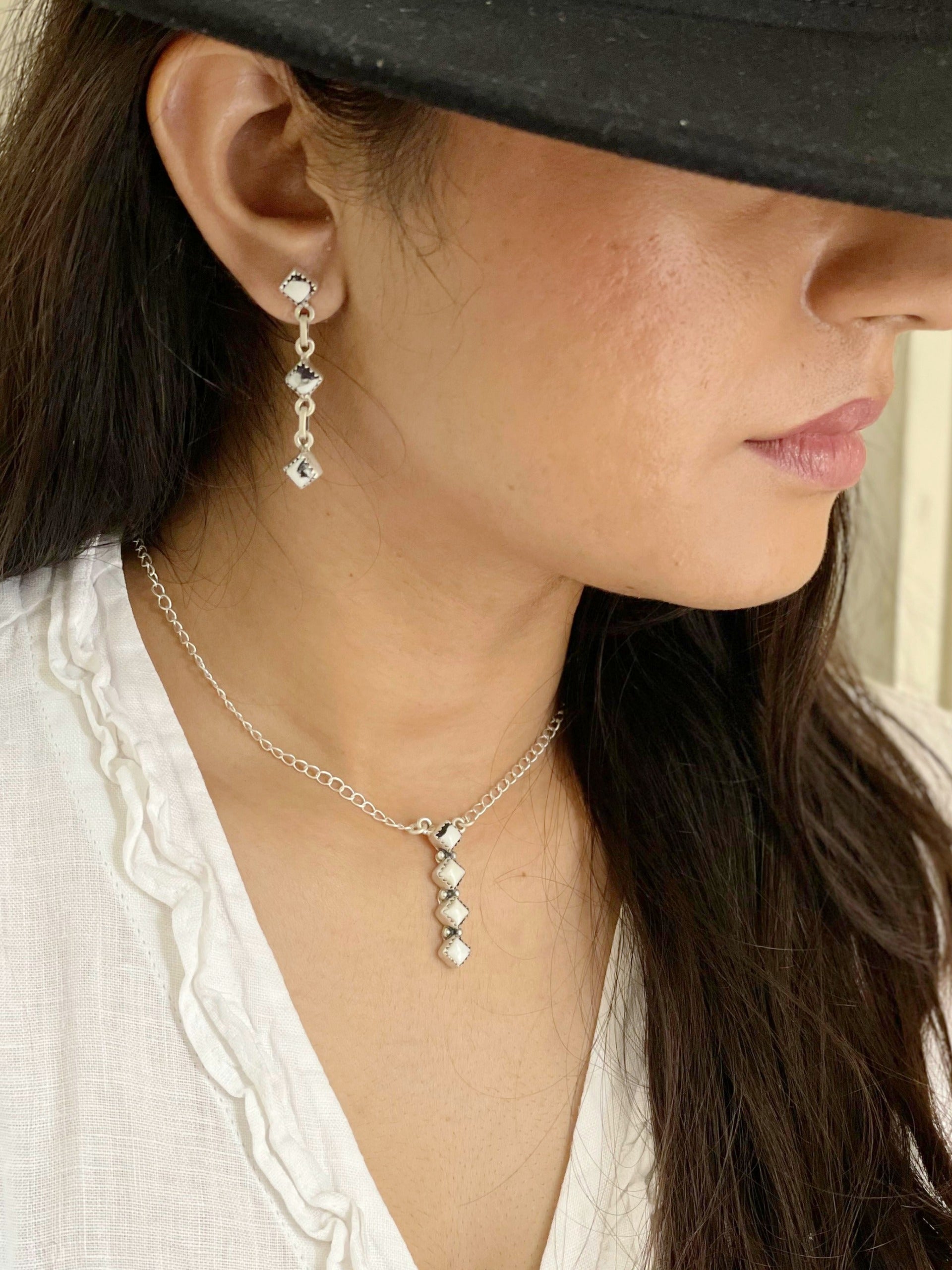 Handmade Sterling Silver White Buffalo Necklace & Earrings Set Signed Nizhoni