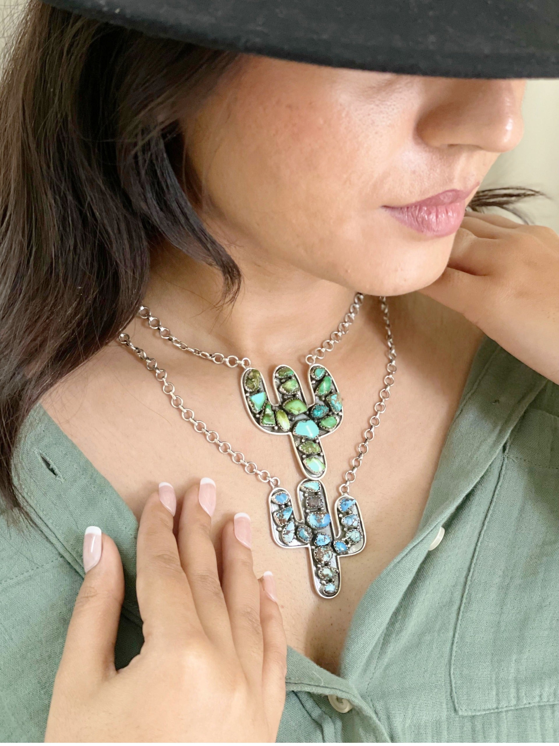 Handmade Sterling Silver Golden Hill Turquoise, Sonoran Cactus Necklace with Signed Nizhoni