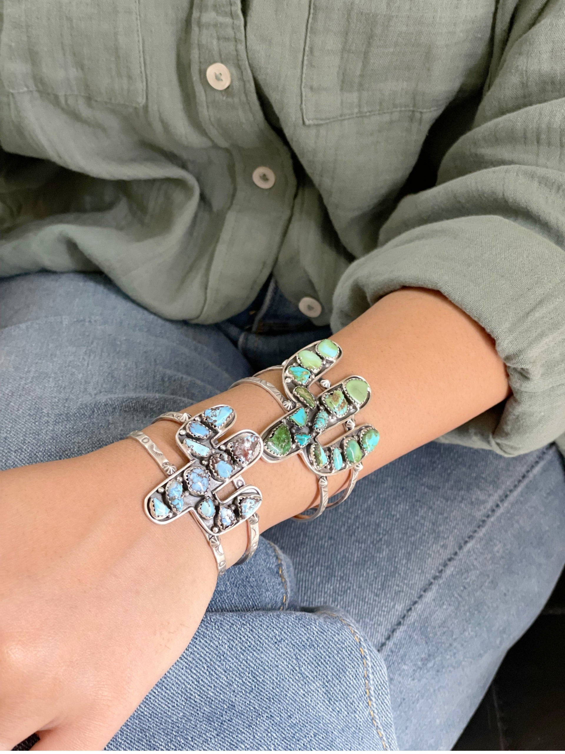 Handmade Sterling Silver Golden Hill, Sonoran Mountain Turquoise Cactus Bracelet with Signed Nizhoni /
