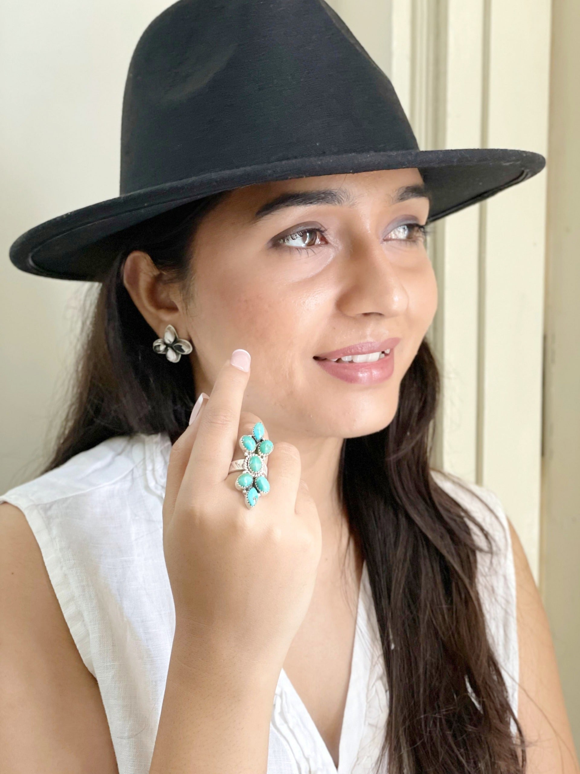 Handmade Sterling Silver Kingman Turquoise Adjustable Ring with Signed Nizhoni (5)