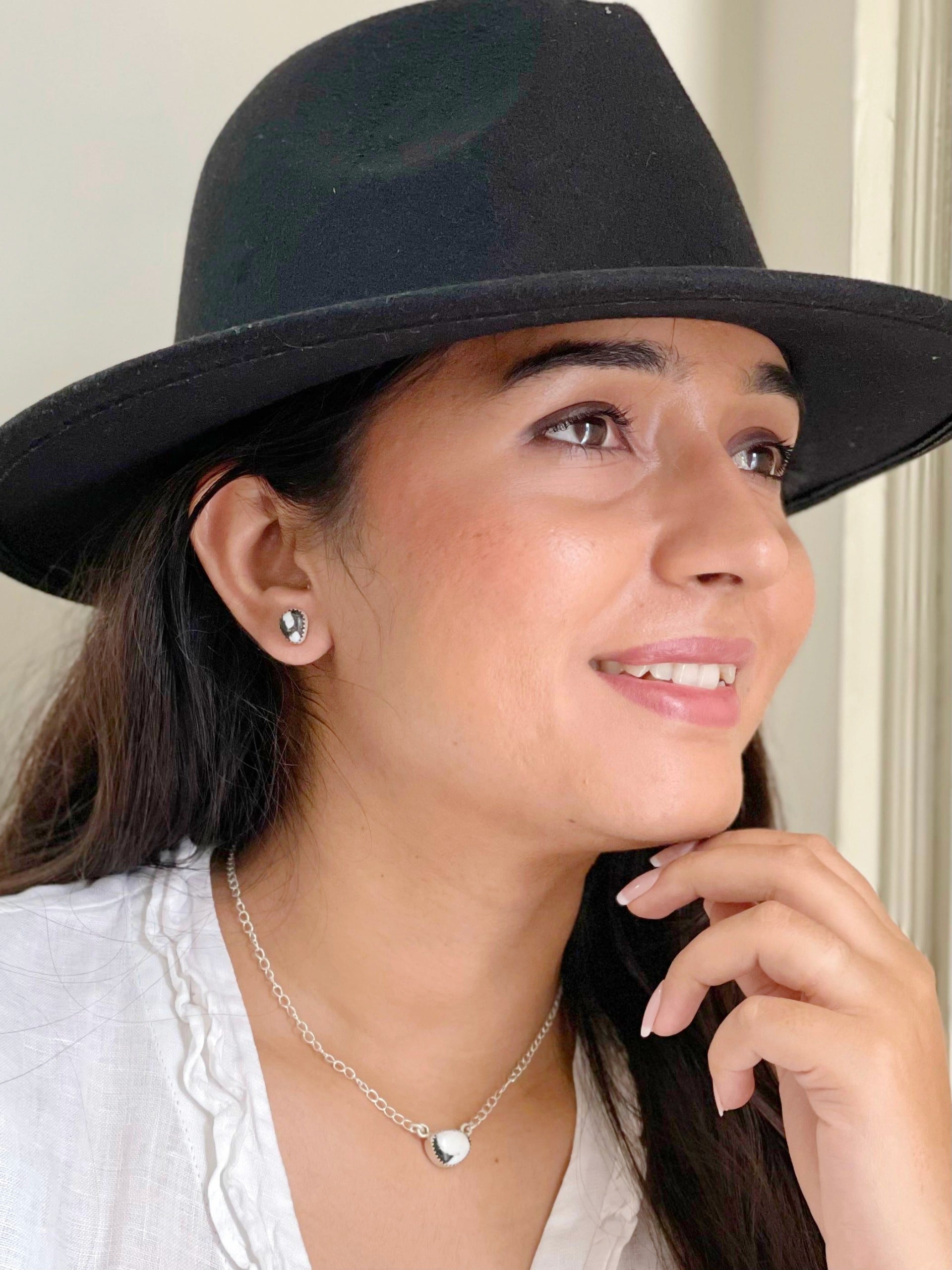 Handmade Sterling Silver White Buffalo Necklace & Earrings Set Signed Nizhoni