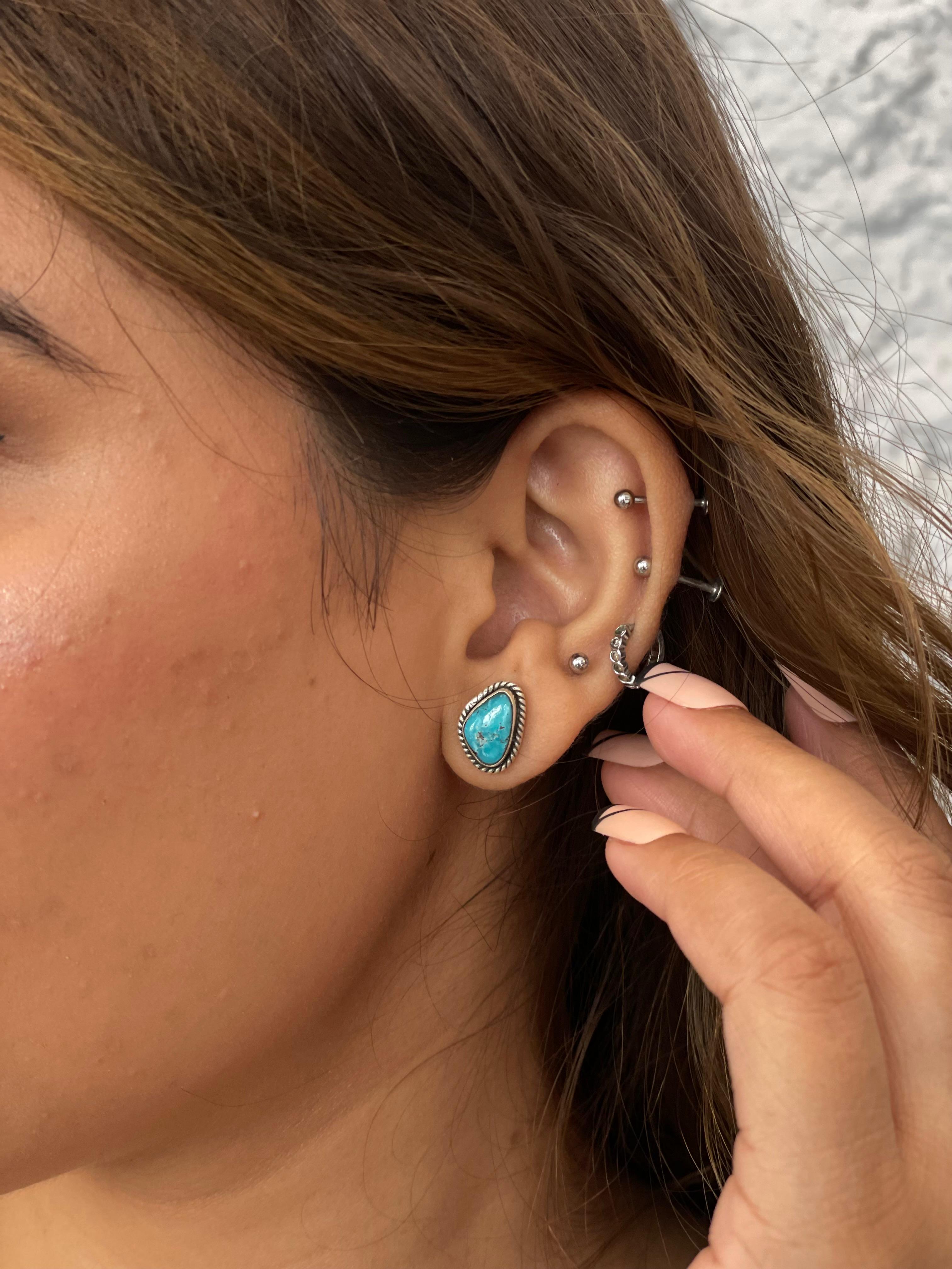 Handmade Sterling Silver White Water Turquoise Post Studs Signed Nizhoni