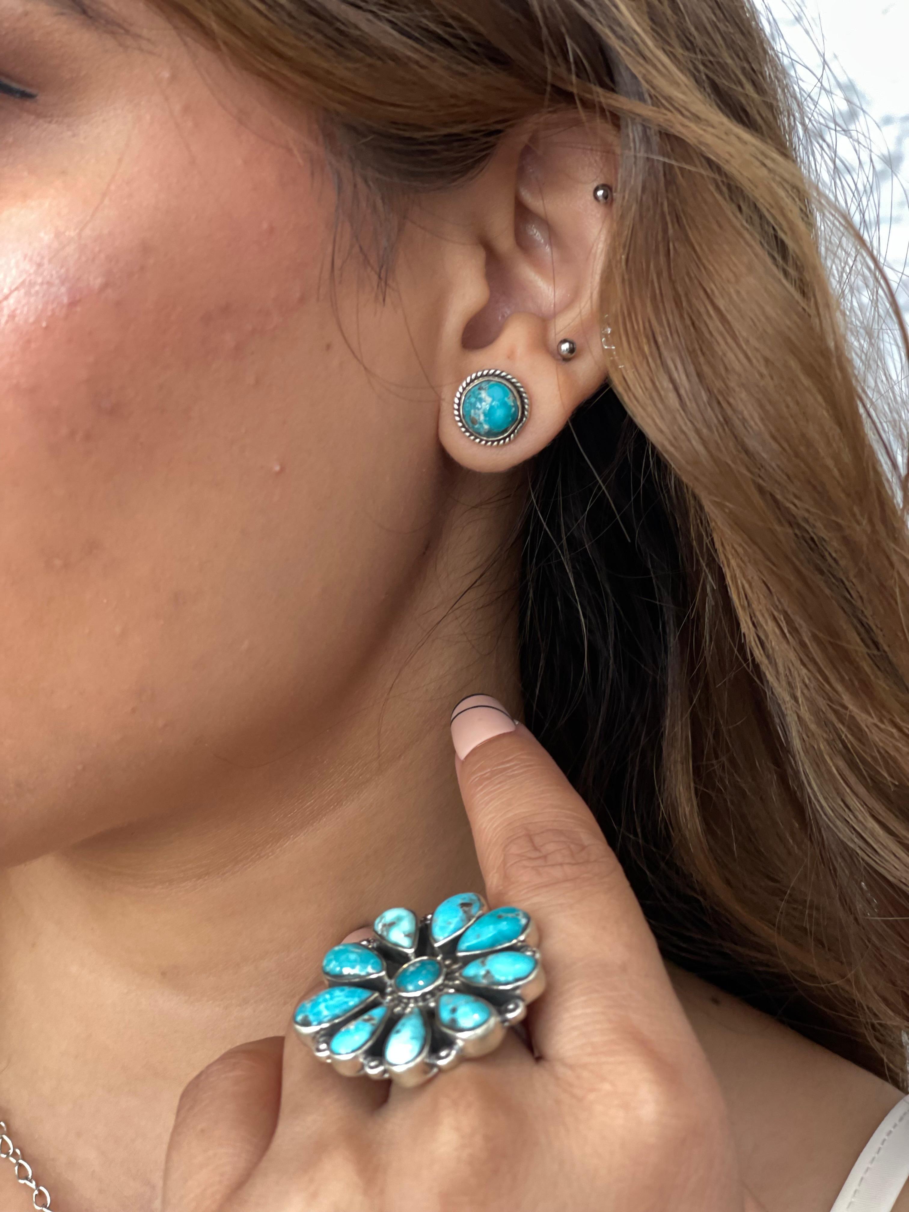 Handmade Sterling Silver White Water Turquoise Post Studs Signed Nizhoni