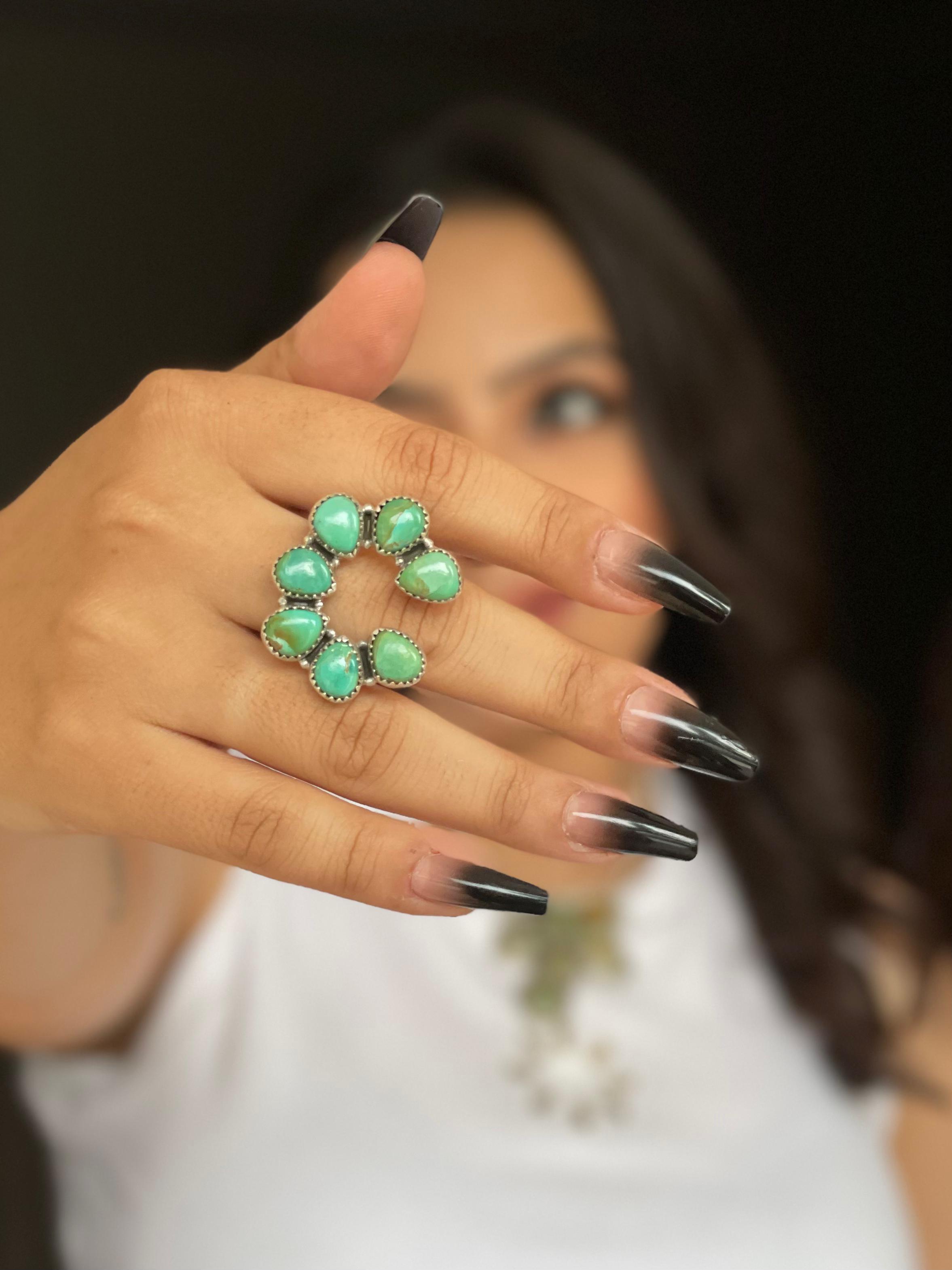 Handmade Sterling Silver Kingman Turquoise Naja Adjustable Ring with Signed Nizhoni