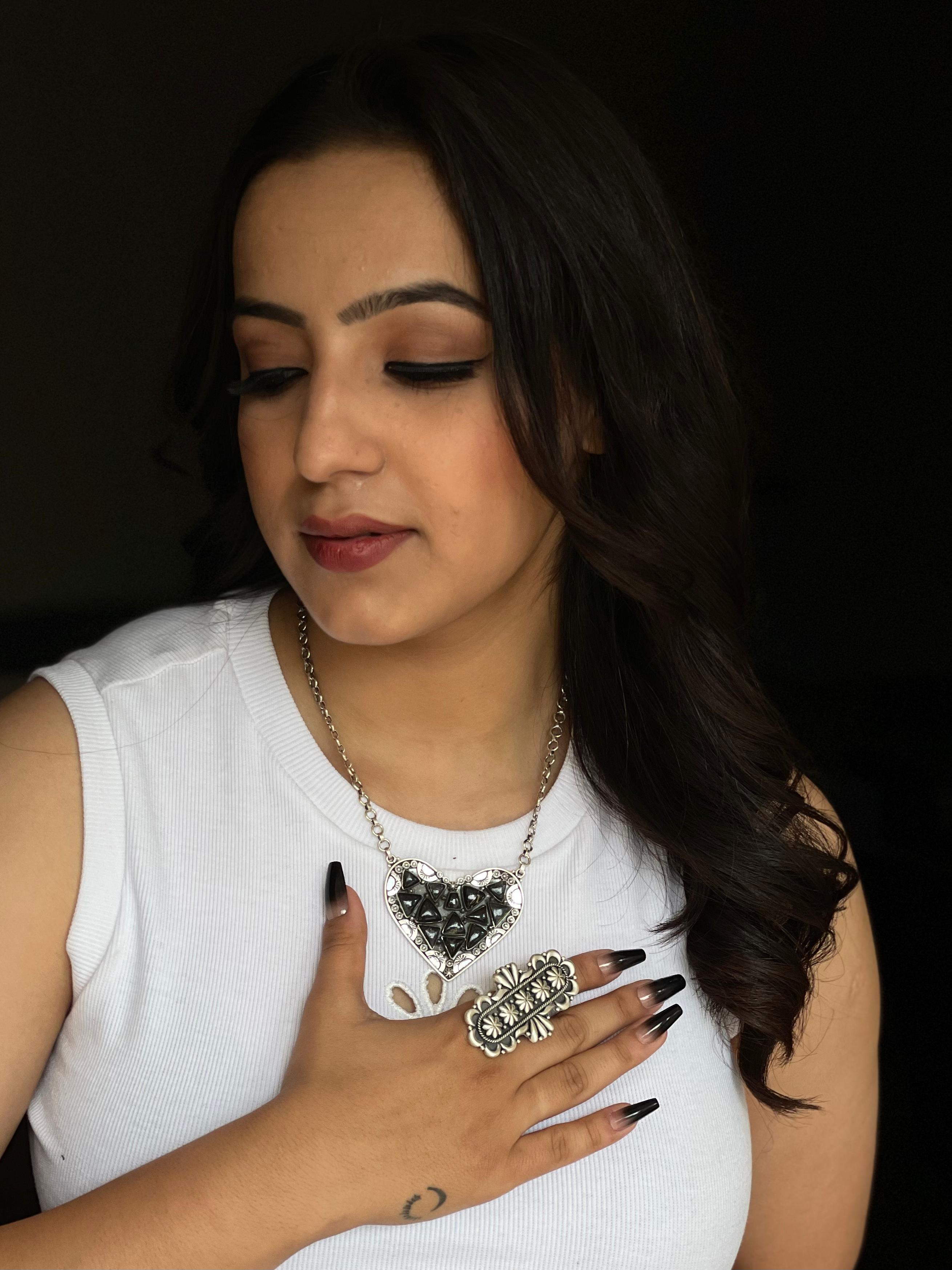 Handmade Sterling Silver Blackjack Turquoise Heart Necklace with Signed Nizhoni