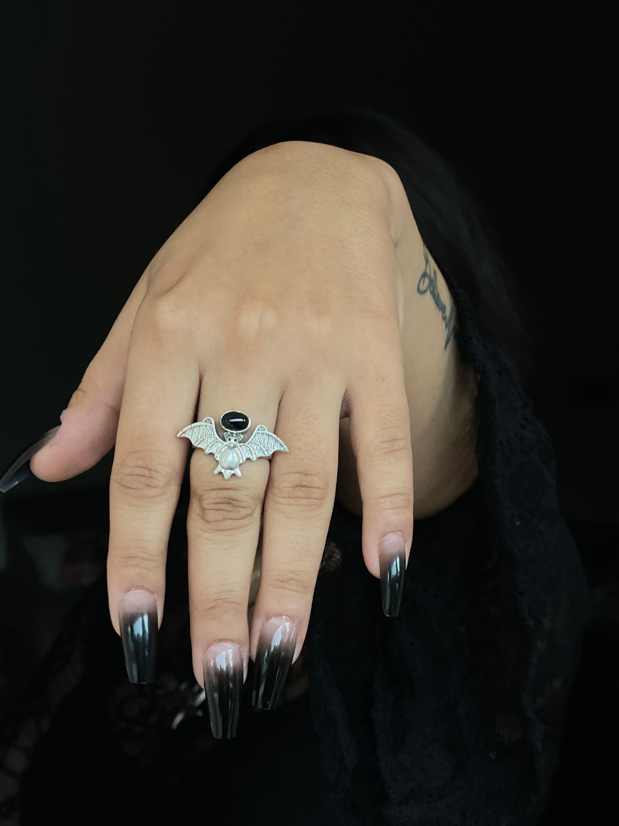"Halloween Collection" Handmade Sterling Silver Black Onyx Bat Ring with Signed Nizhoni