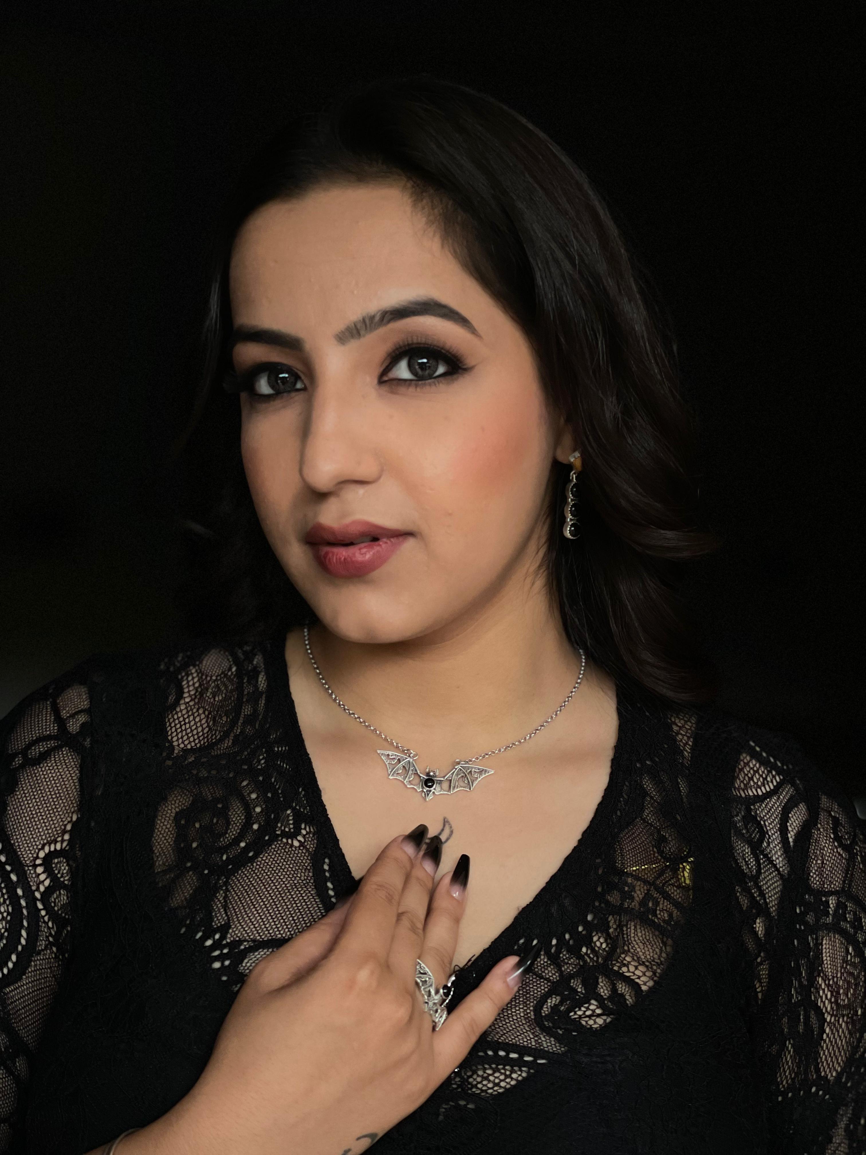 "Halloween Collection" Handmade Sterling Silver Black Onyx Bat Necklace with Signed Nizhoni