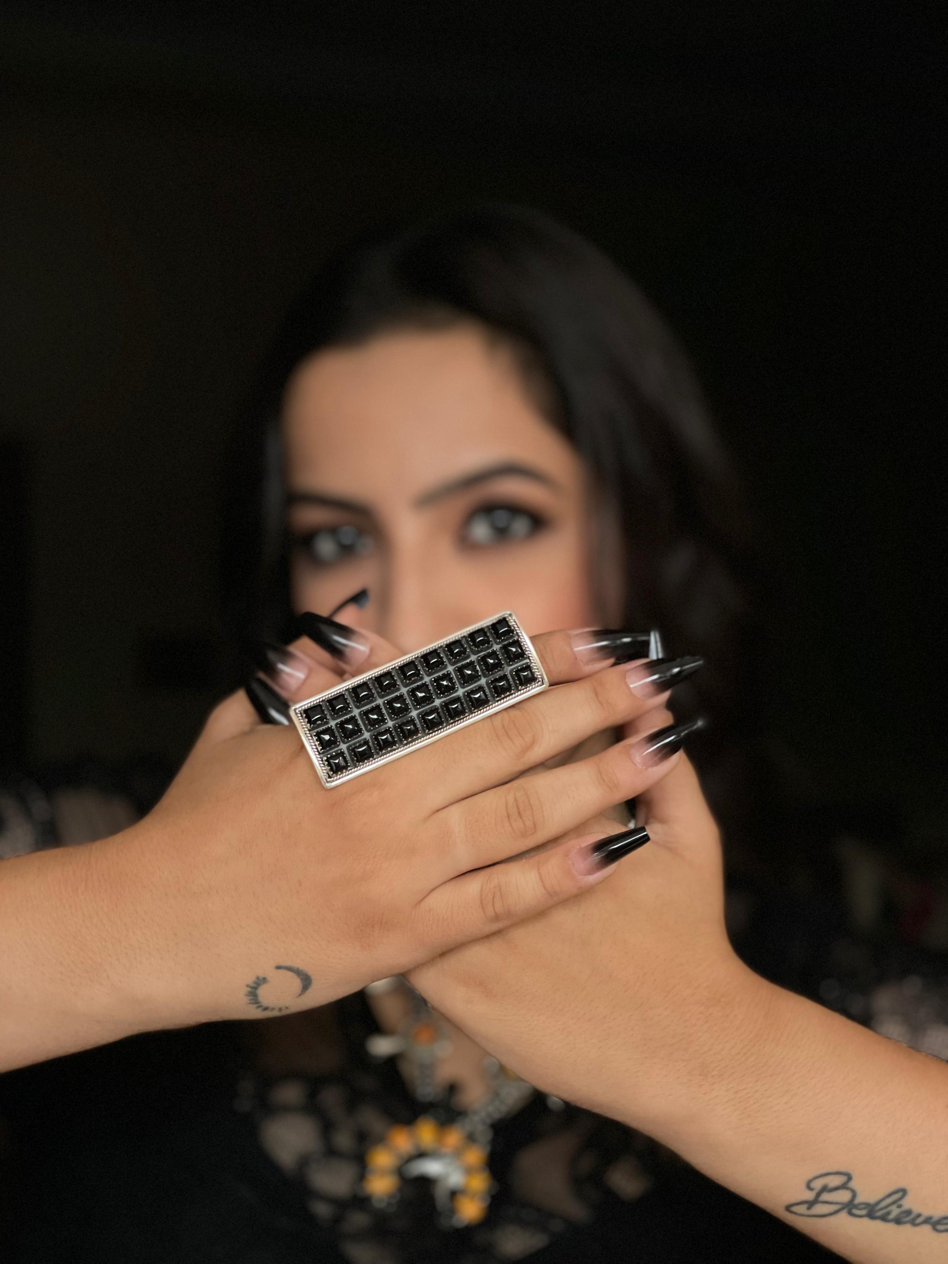 "Halloween Collection" Handmade Sterling Silver Black Onyx Adjustable Ring with Signed Nizhoni