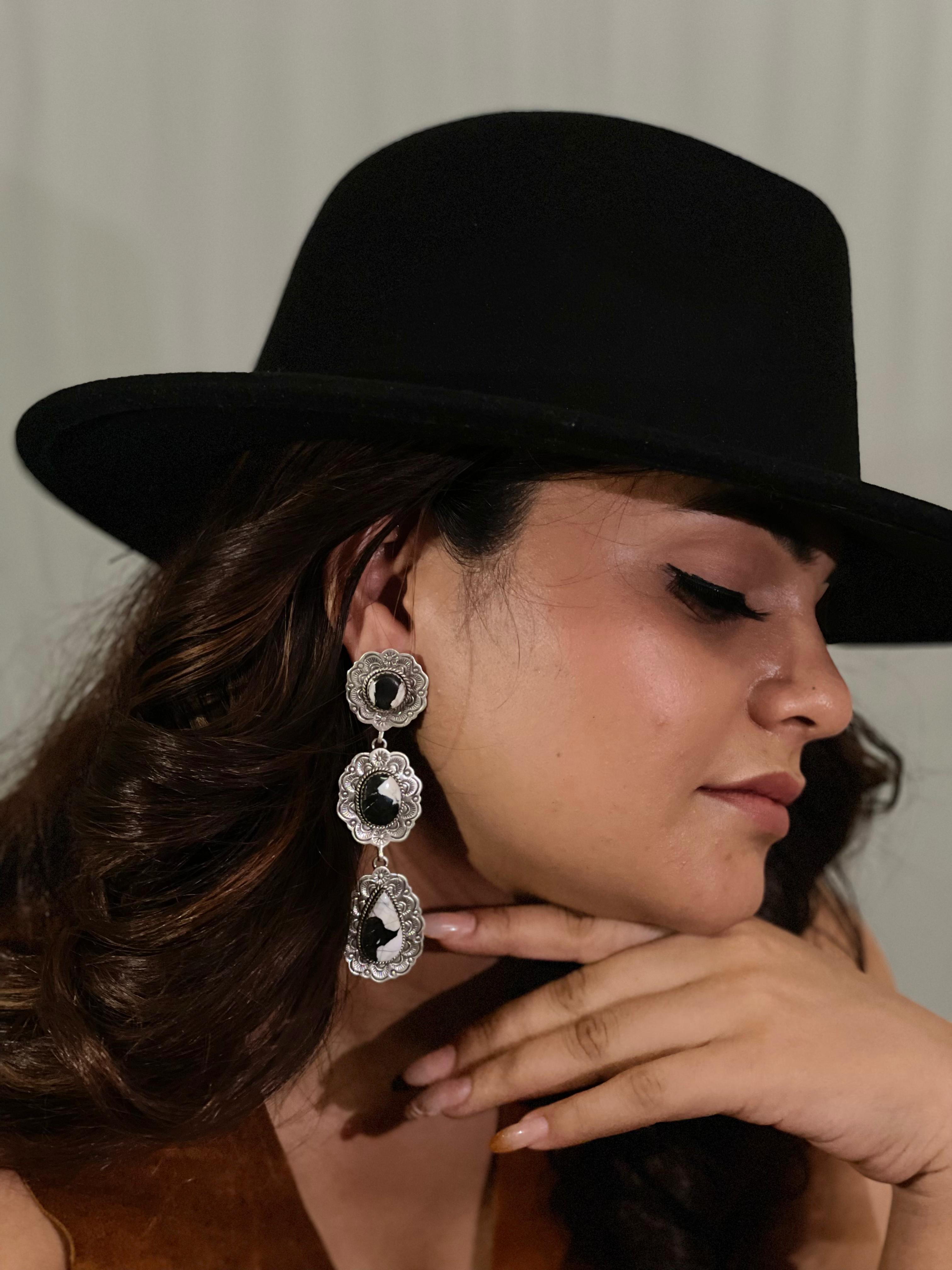 Handmade Sterling Silver White Buffalo Post Dangle Earrings with Signed Nizhoni