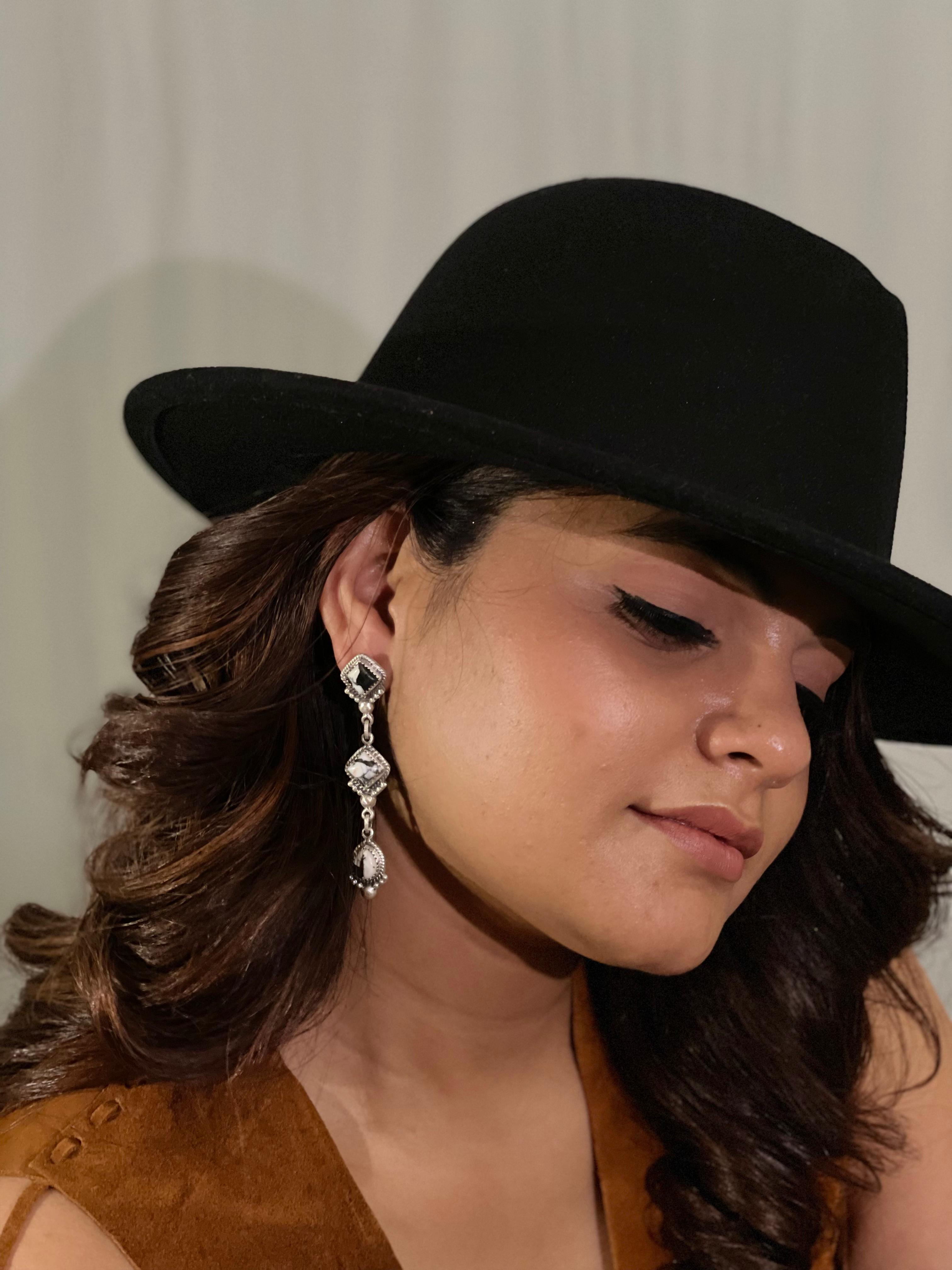 Handmade Sterling Silver White Buffalo Post Dangle Earrings with Signed Nizhoni