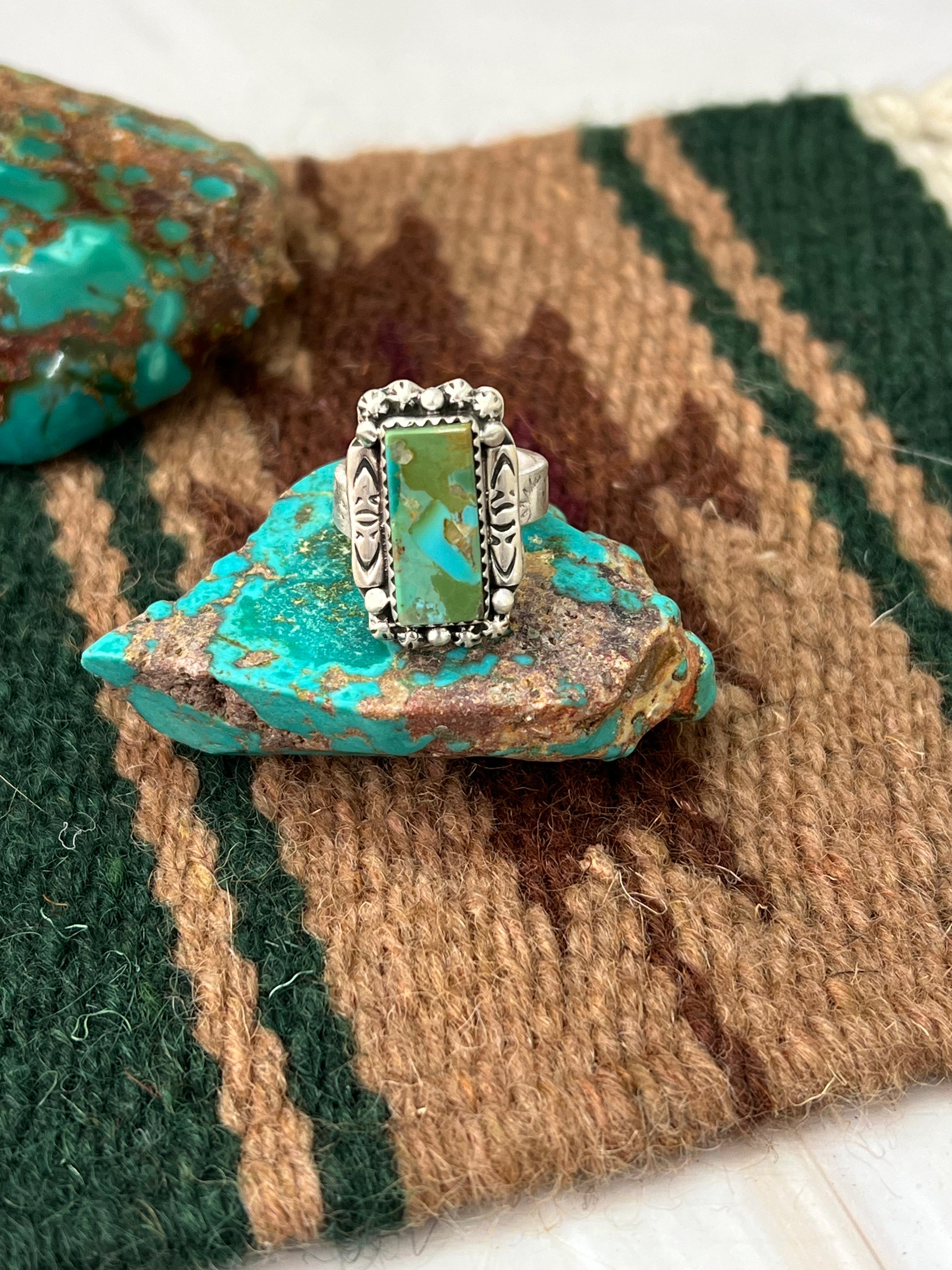 Handmade Sterling Silver Kingman Turquoise Adjustable Ring with Signed Nizhoni