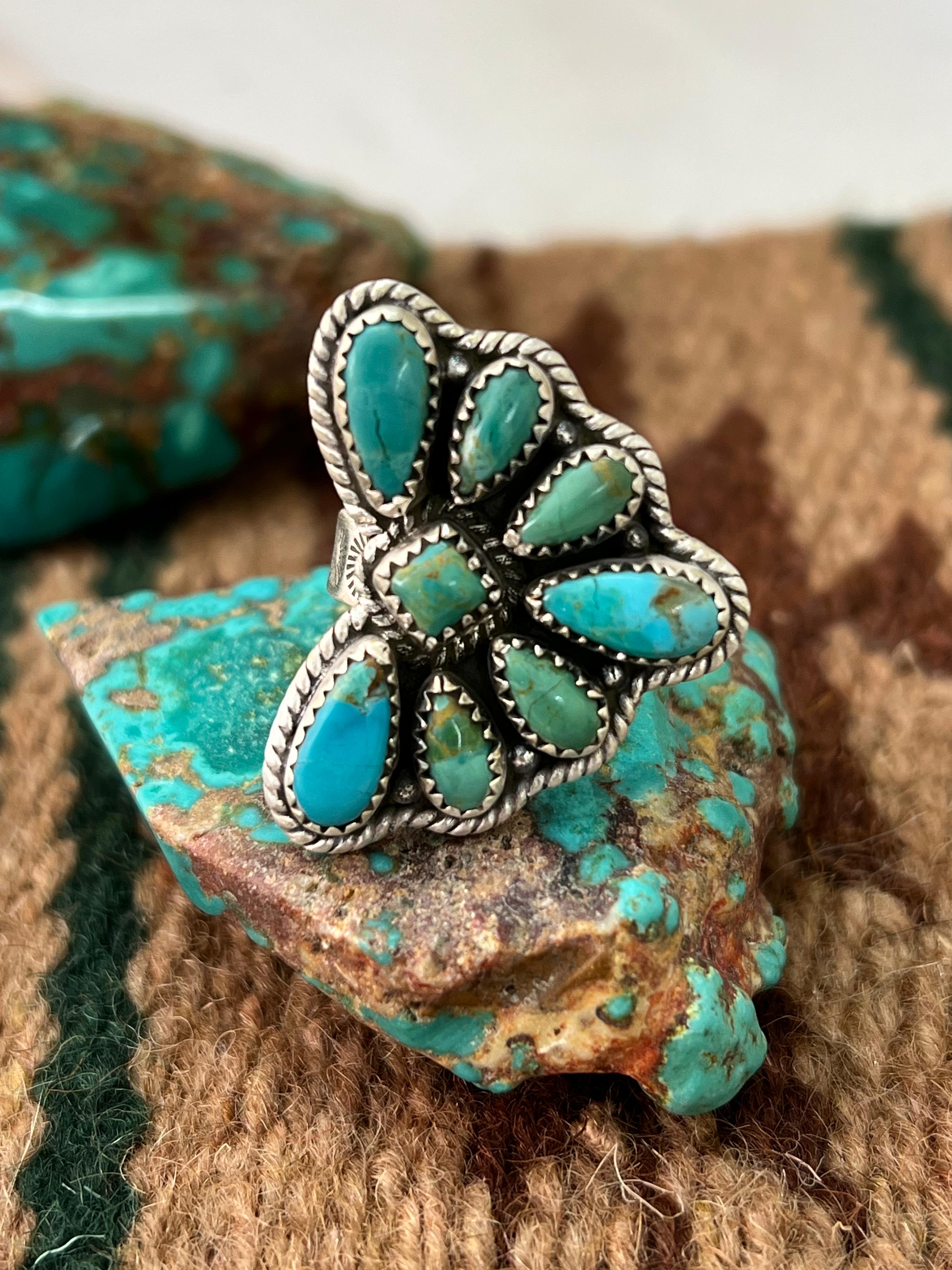 Handmade Sterling Silver Kingman Turquoise Adjustable Ring with Signed Nizhoni