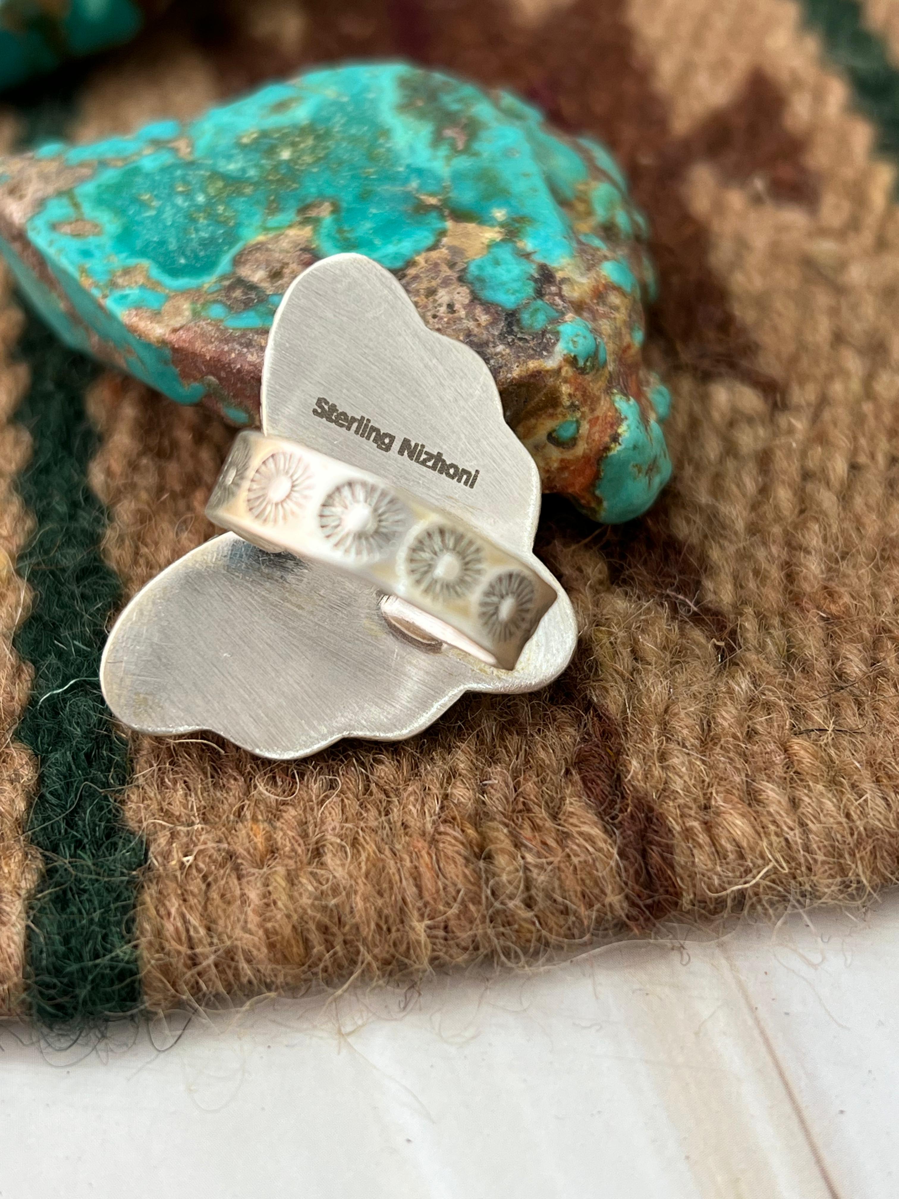 Handmade Sterling Silver Kingman Turquoise Adjustable Ring with Signed Nizhoni