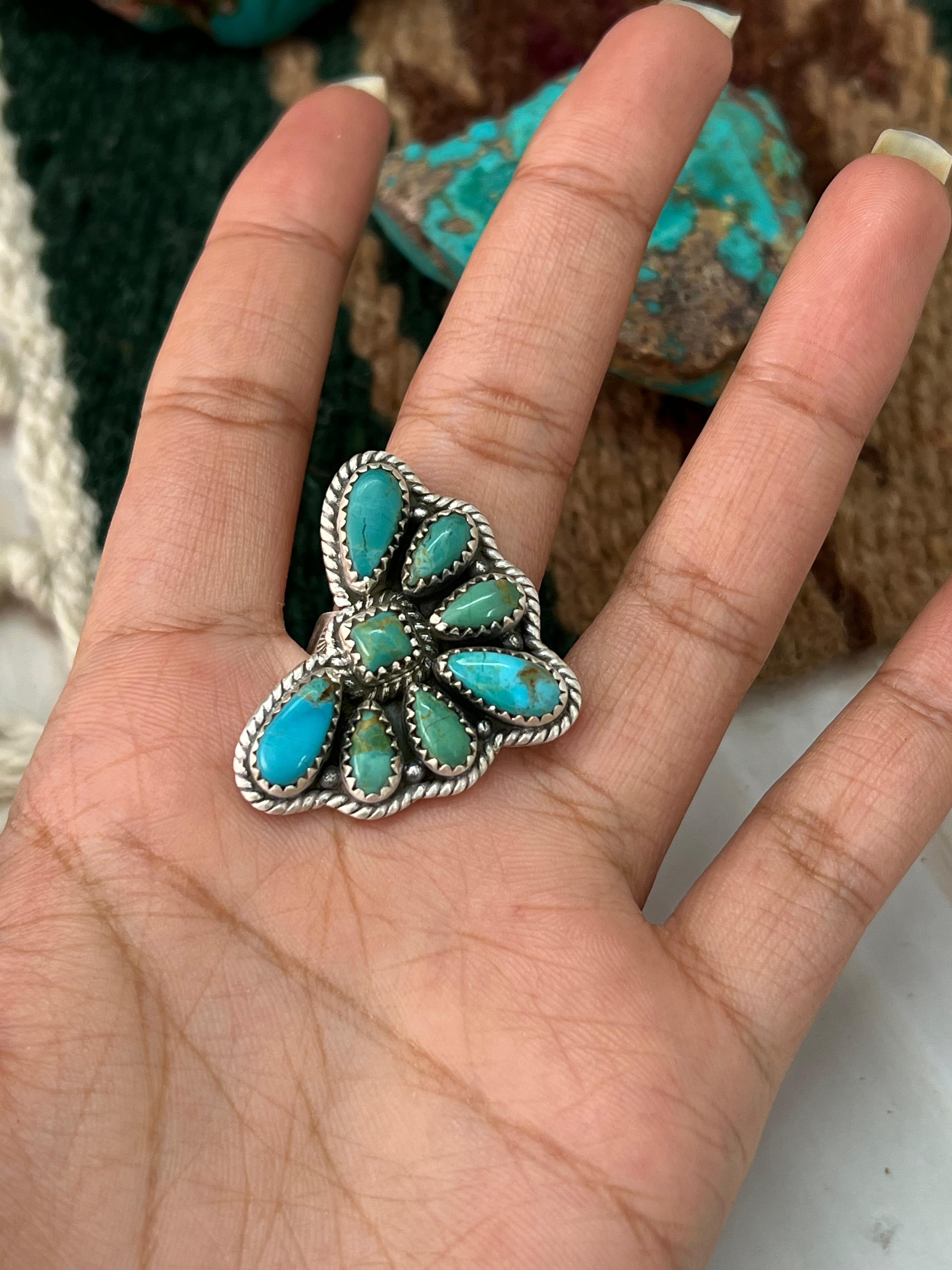 Handmade Sterling Silver Kingman Turquoise Adjustable Ring with Signed Nizhoni