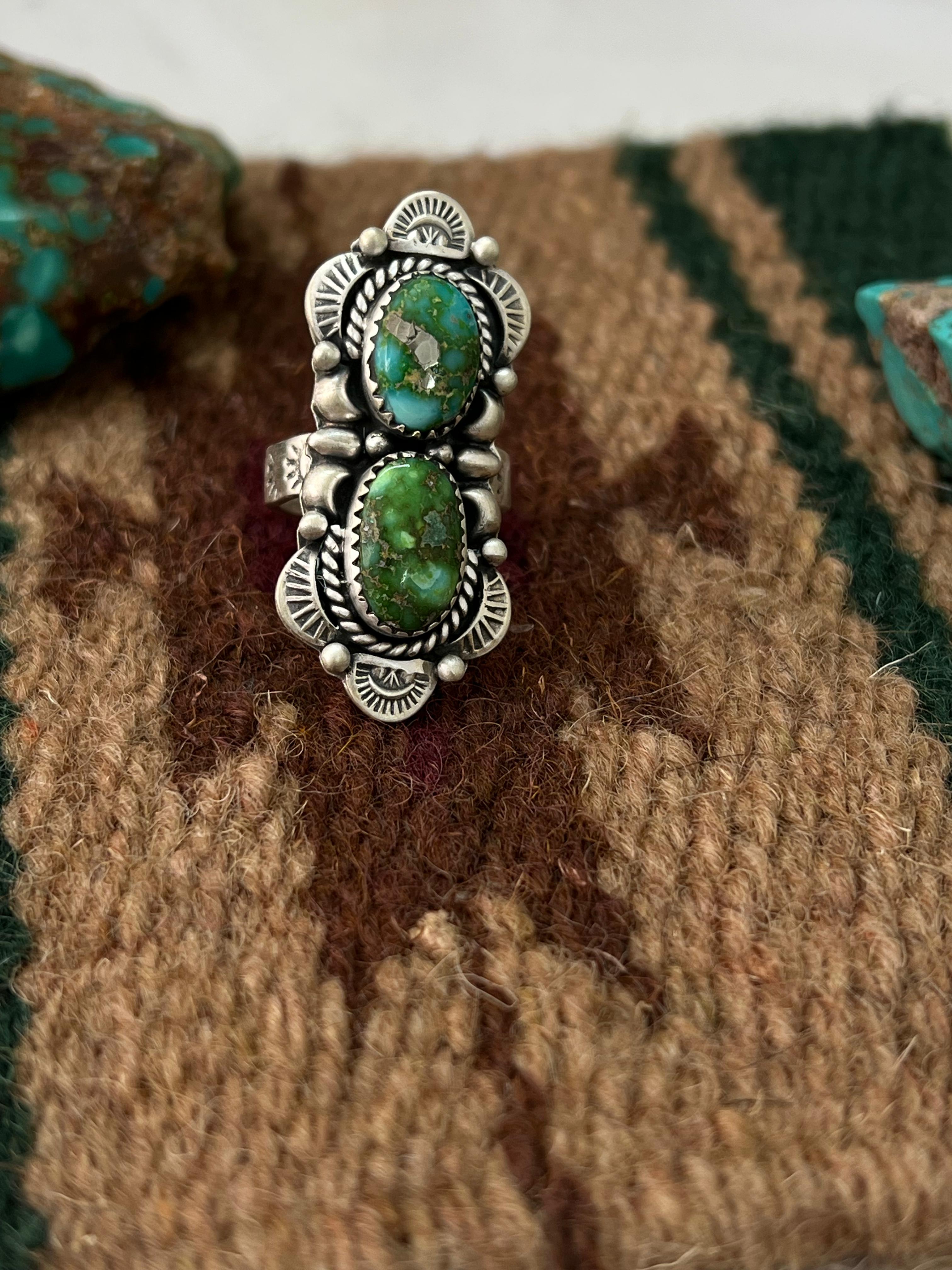 Handmade Sterling Silver Sonoran Mountain Turquoise Adjustable Ring with Signed Nizhoni