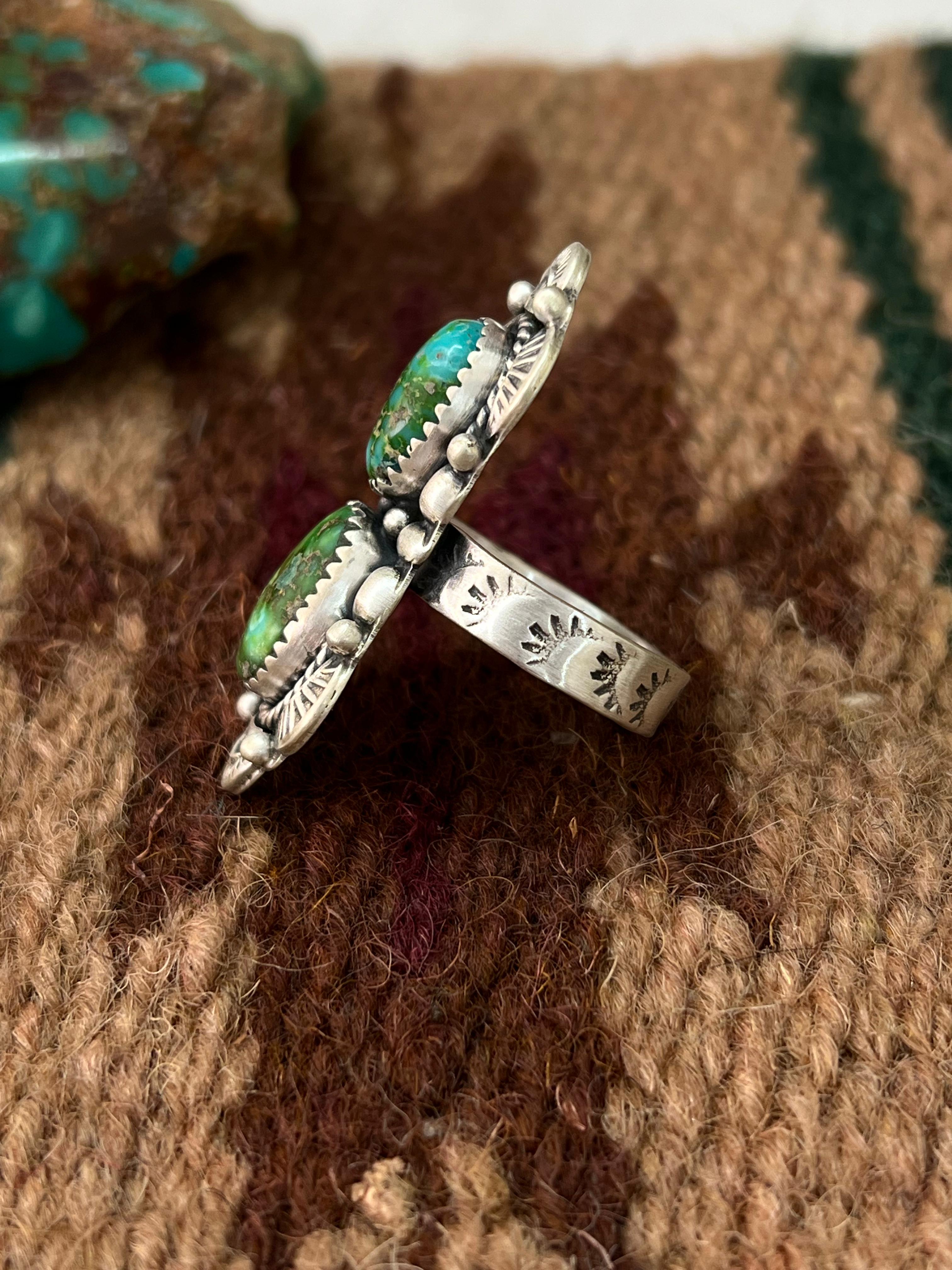 Handmade Sterling Silver Sonoran Mountain Turquoise Adjustable Ring with Signed Nizhoni