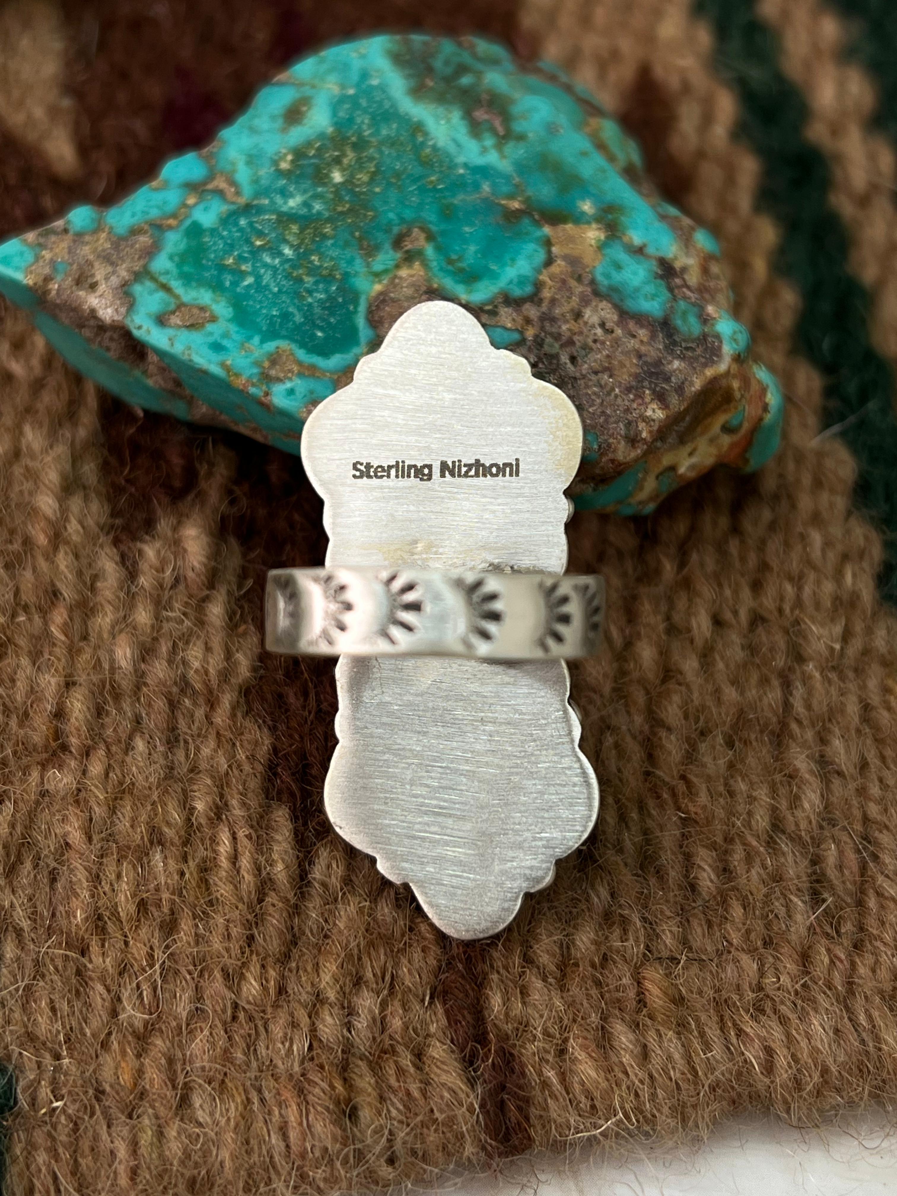 Handmade Sterling Silver Sonoran Mountain Turquoise Adjustable Ring with Signed Nizhoni
