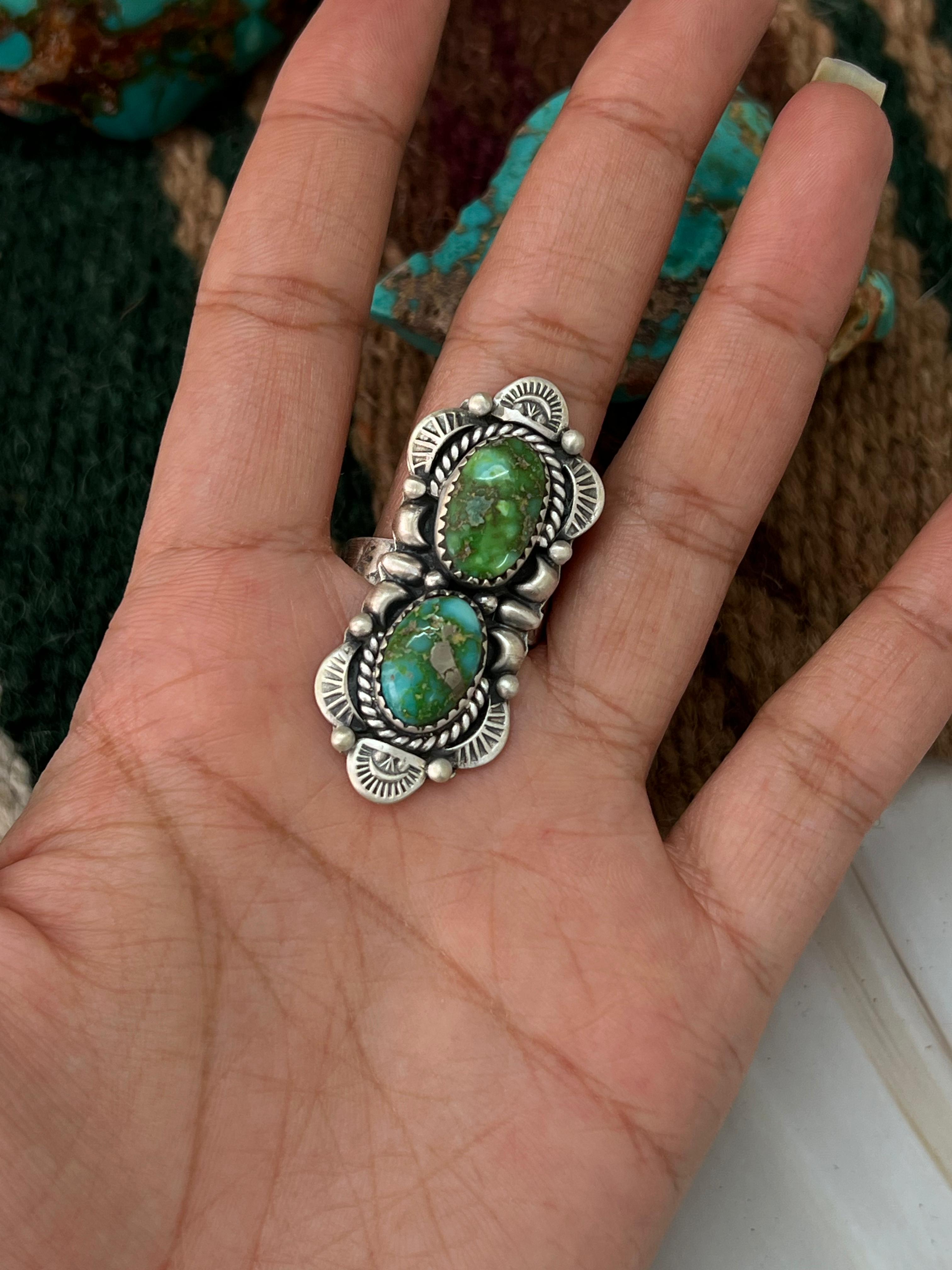 Handmade Sterling Silver Sonoran Mountain Turquoise Adjustable Ring with Signed Nizhoni