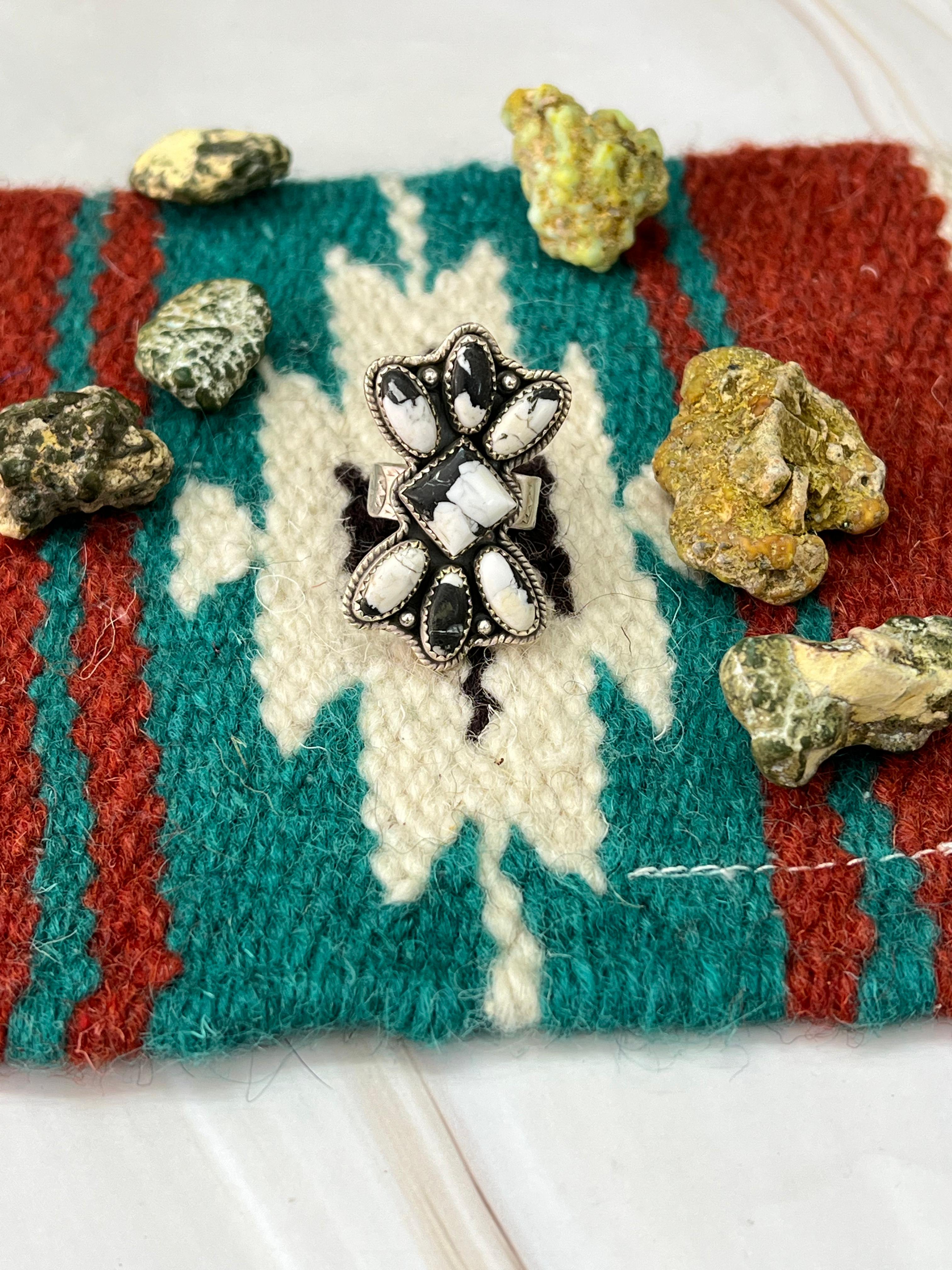 Handmade Sterling Silver White Buffalo Adjustable Ring with Signed Nizhoni