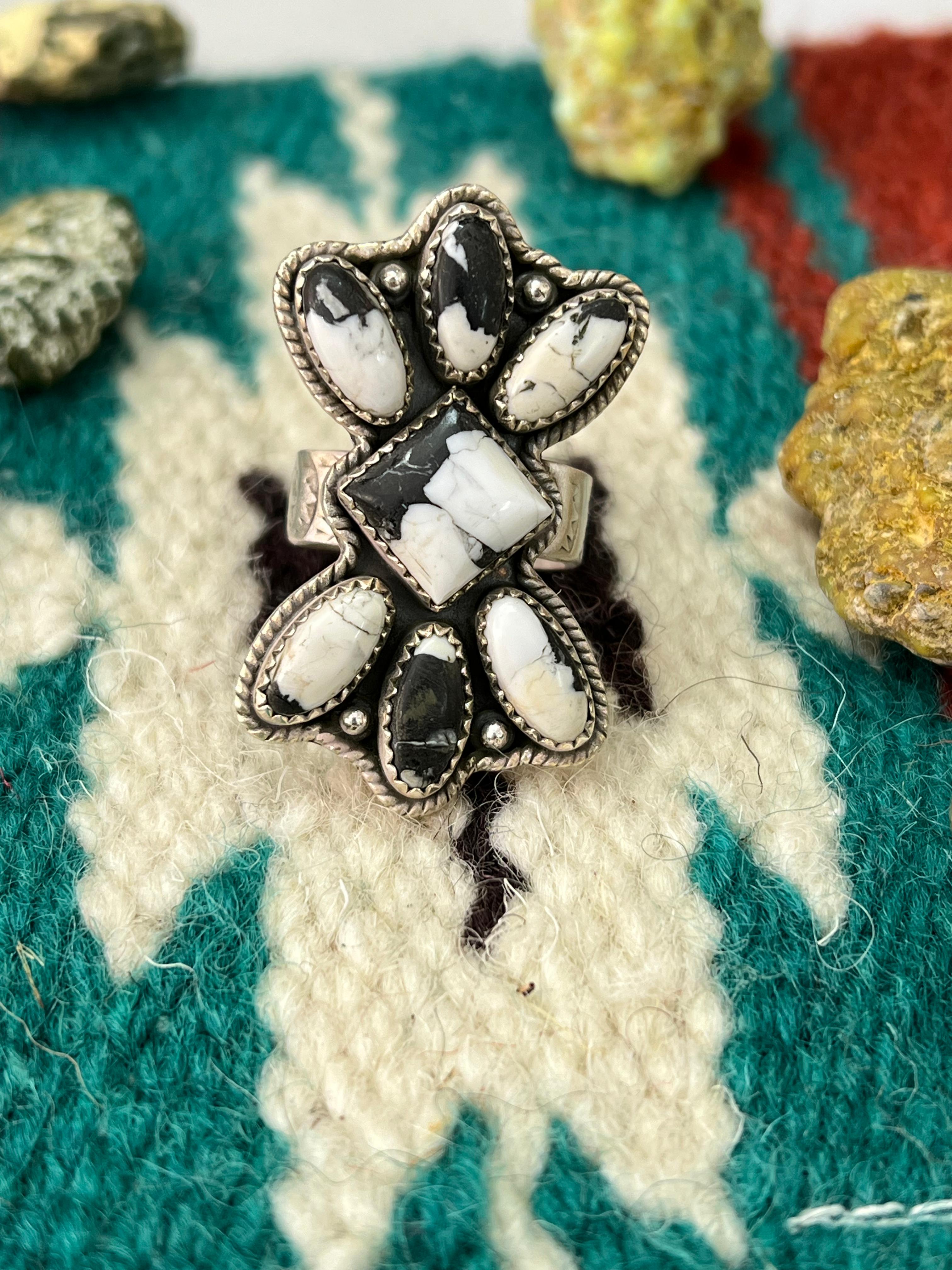 Handmade Sterling Silver White Buffalo Adjustable Ring with Signed Nizhoni