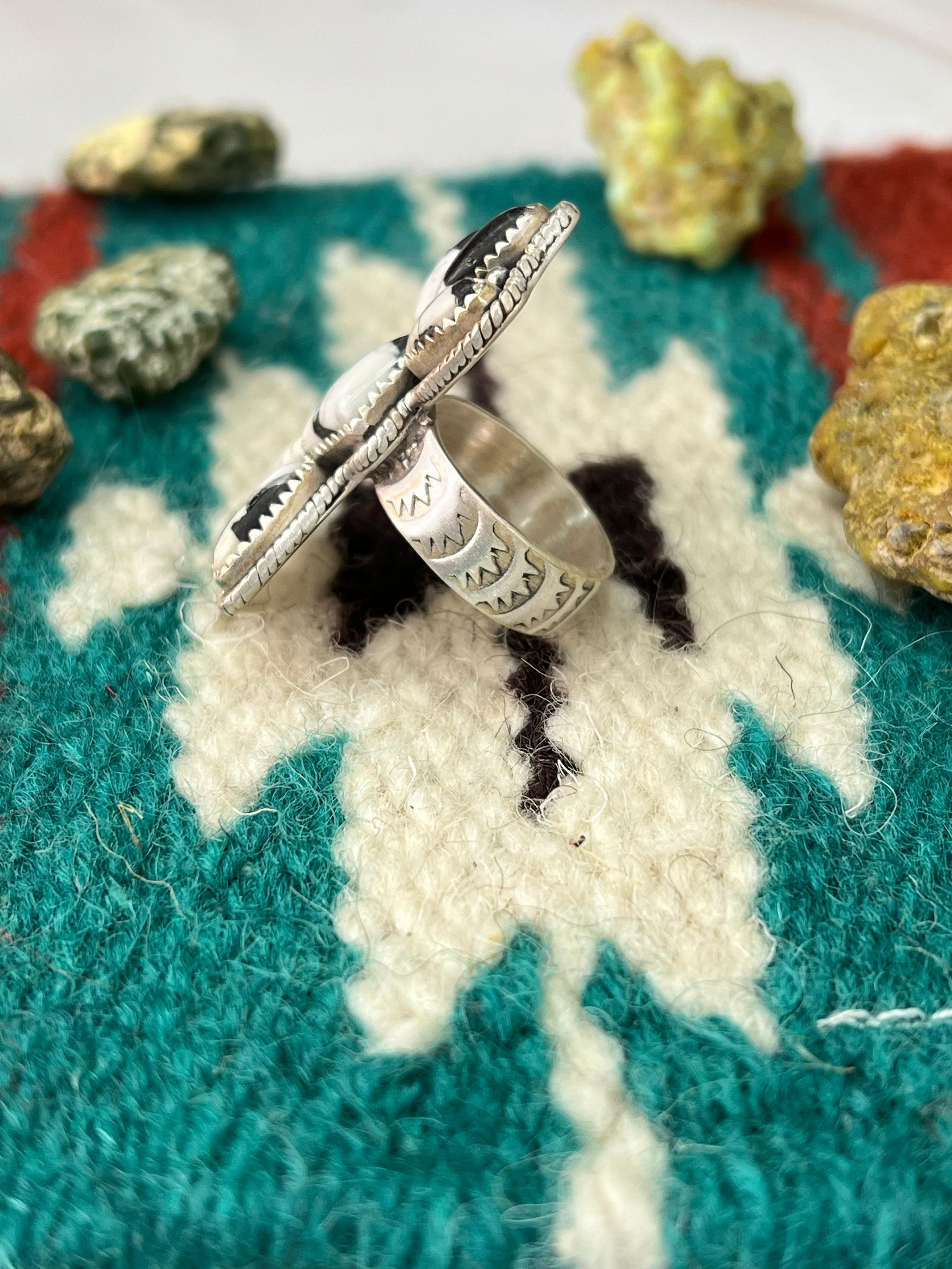 Handmade Sterling Silver White Buffalo Adjustable Ring with Signed Nizhoni