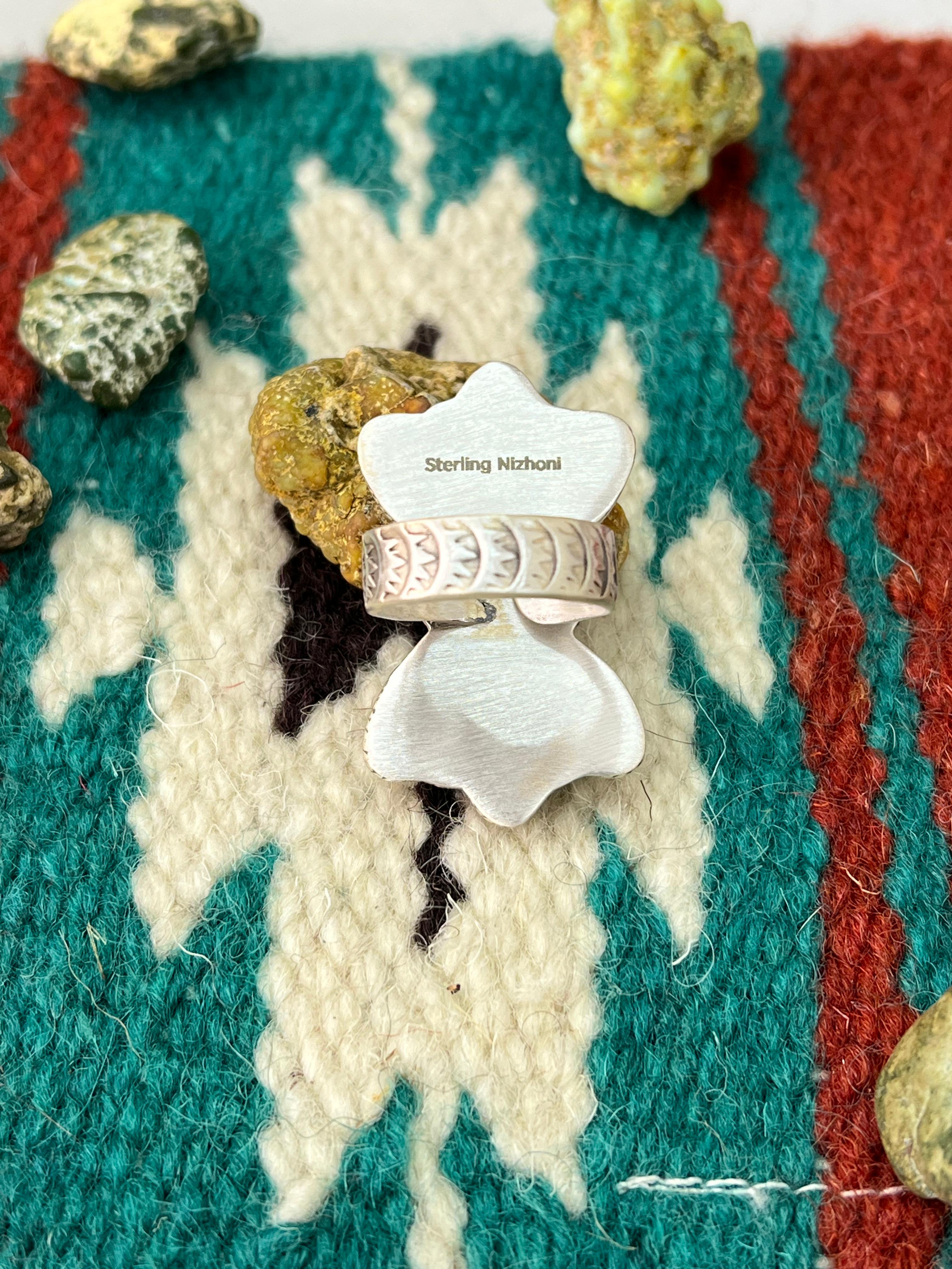 Handmade Sterling Silver White Buffalo Adjustable Ring with Signed Nizhoni