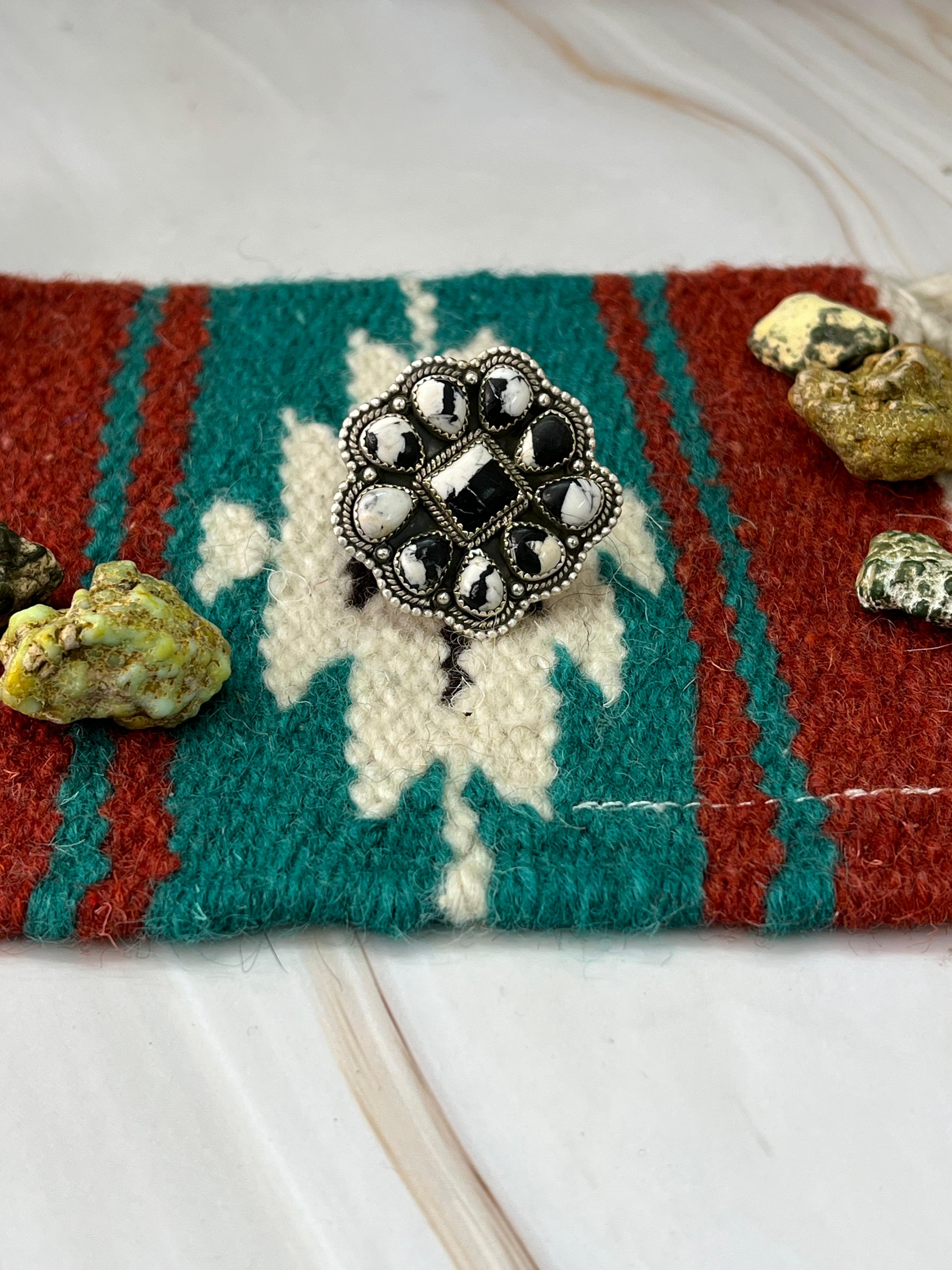 Handmade Sterling Silver White Buffalo Adjustable Ring with Signed Nizhoni