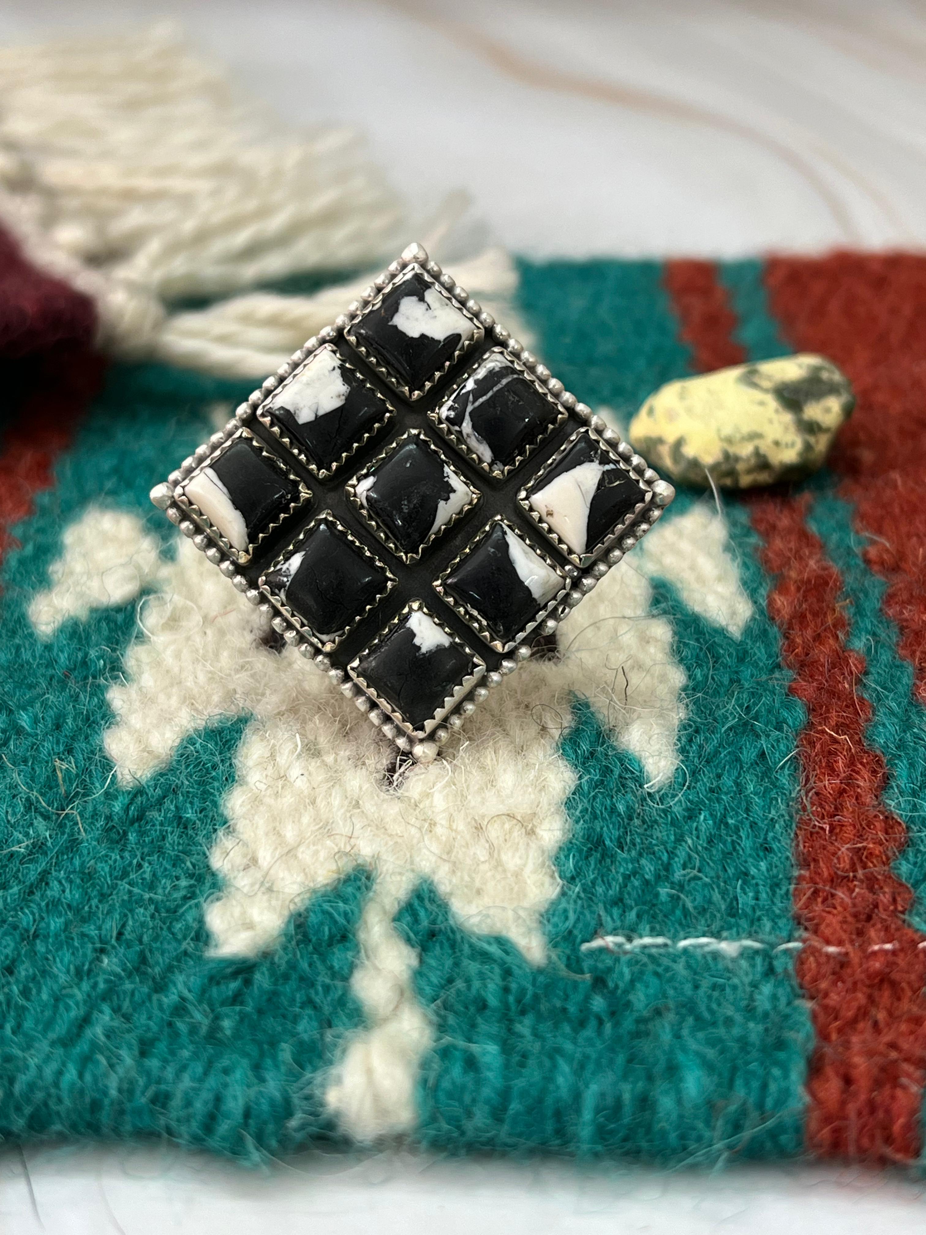 Handmade Sterling Silver White Buffalo Adjustable Ring with Signed Nizhoni