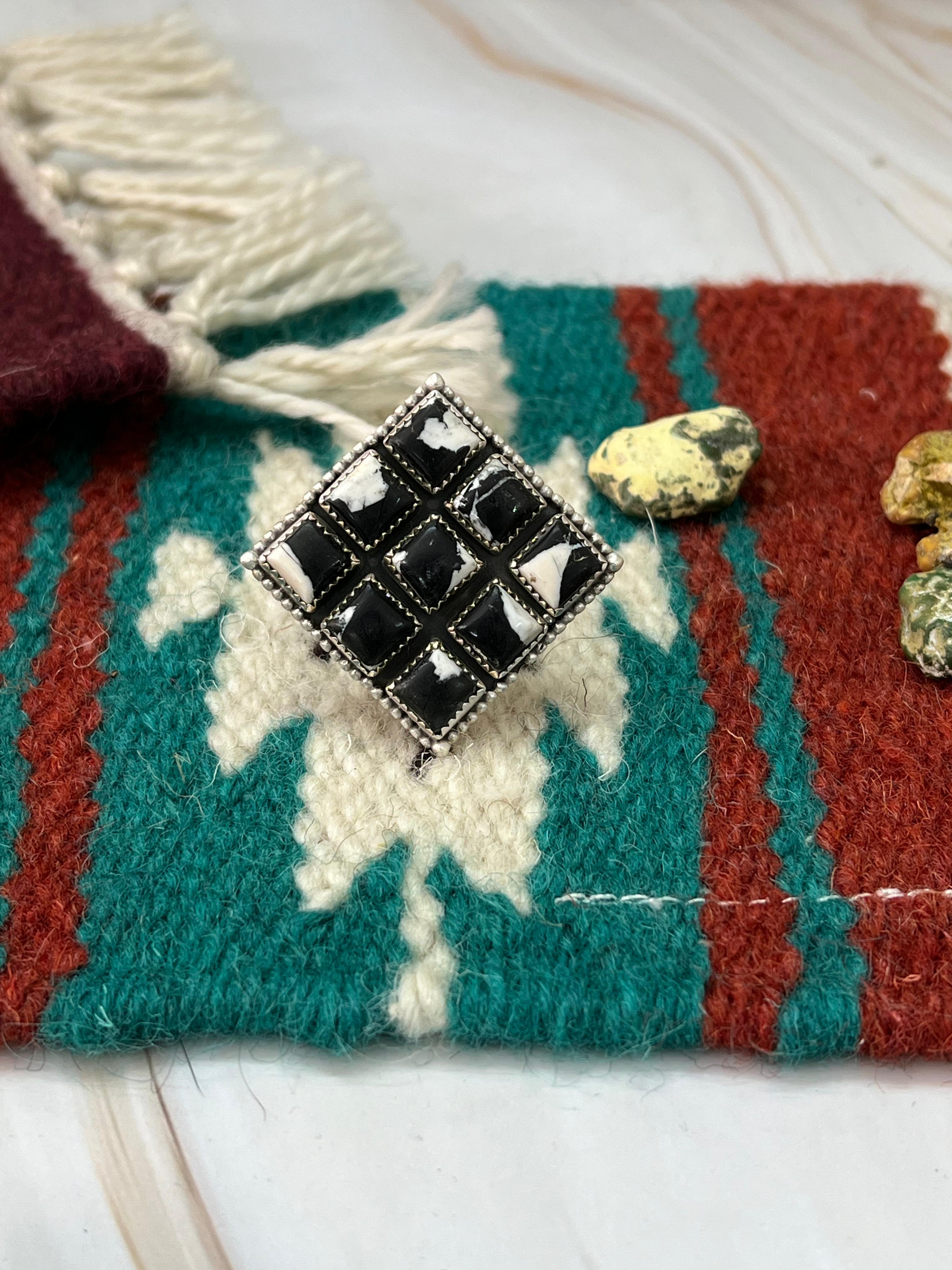 Handmade Sterling Silver White Buffalo Adjustable Ring with Signed Nizhoni