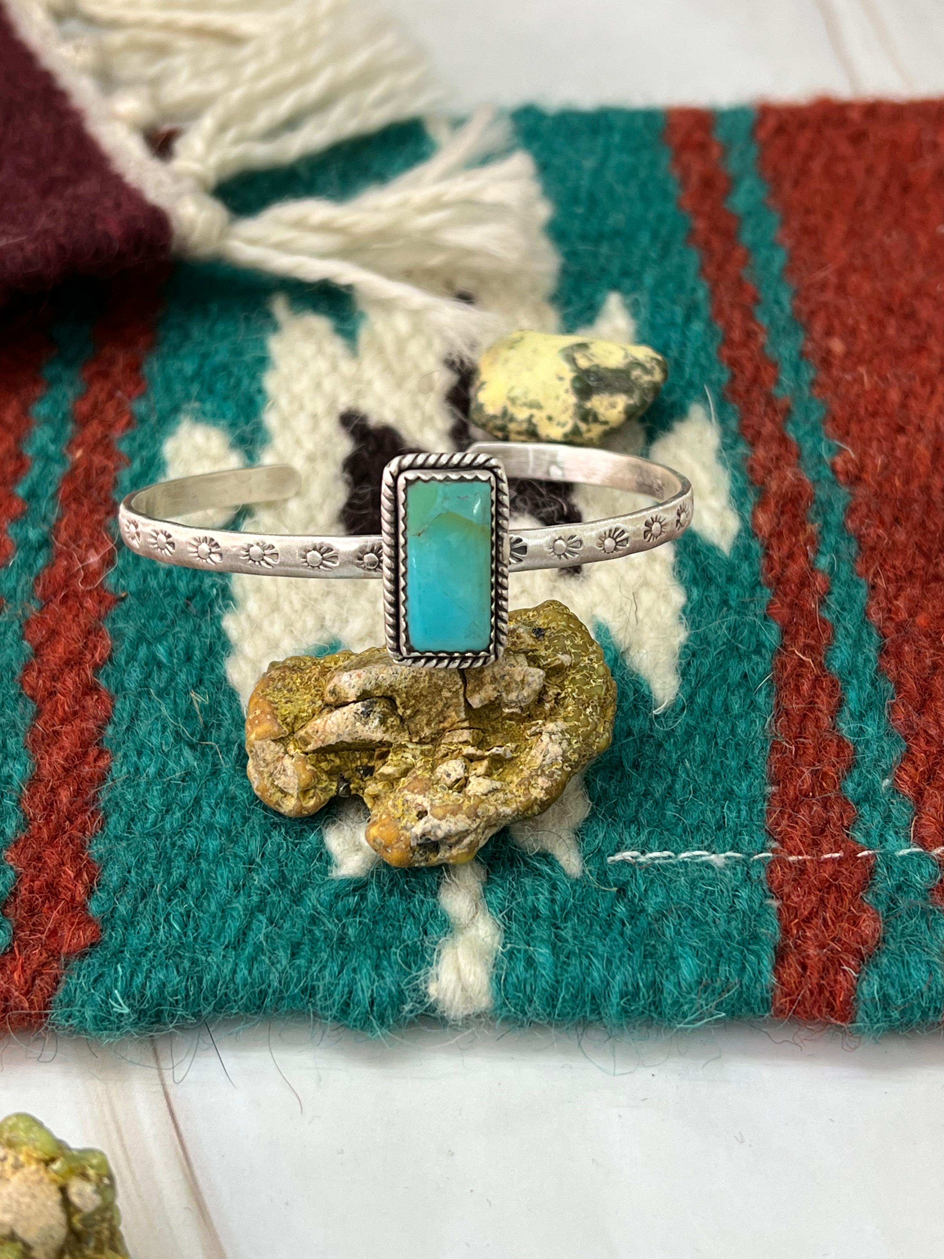 Handmade Sterling Silver Kingman Turquoise Bracelet with Signed Nizhoni