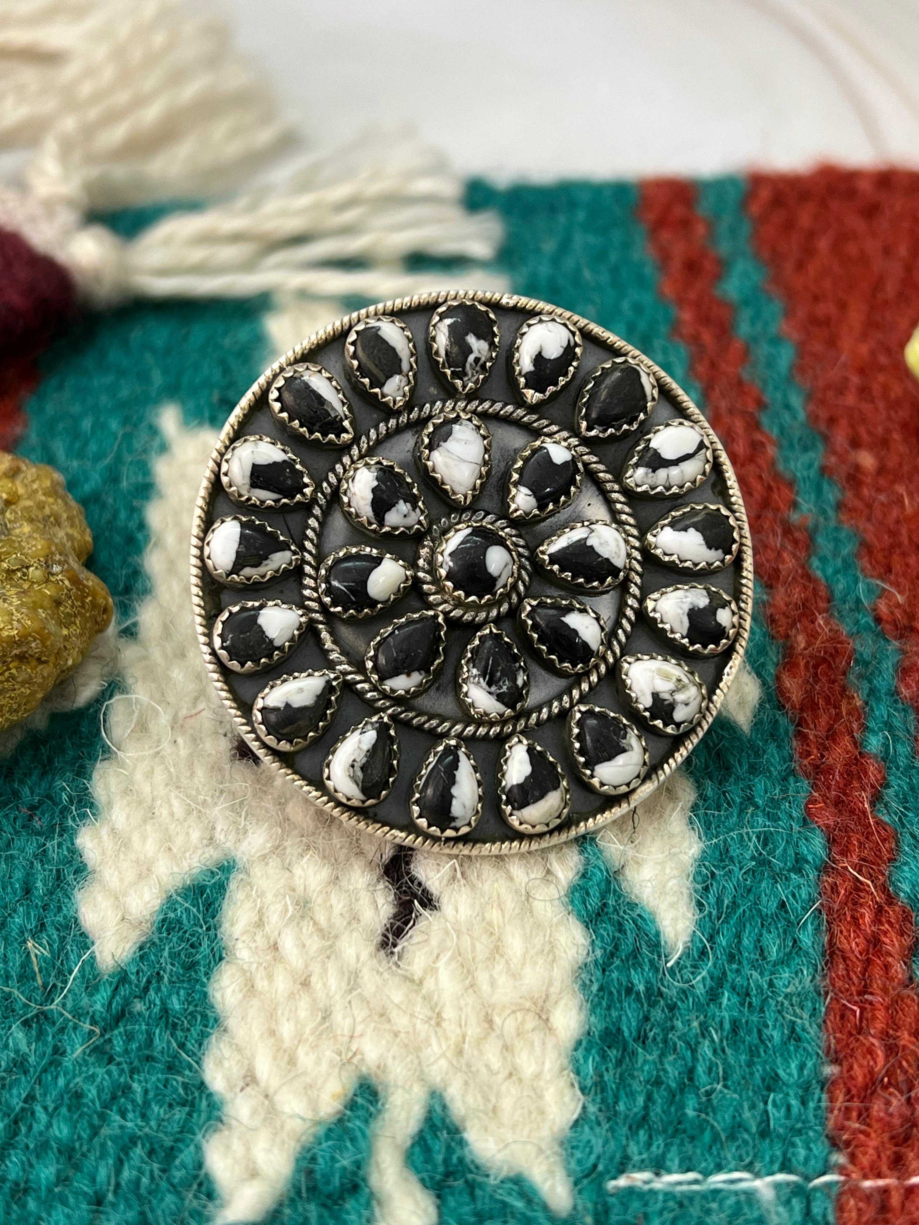 Handmade Sterling Silver White Buffalo Adjustable Ring with Signed Nizhoni