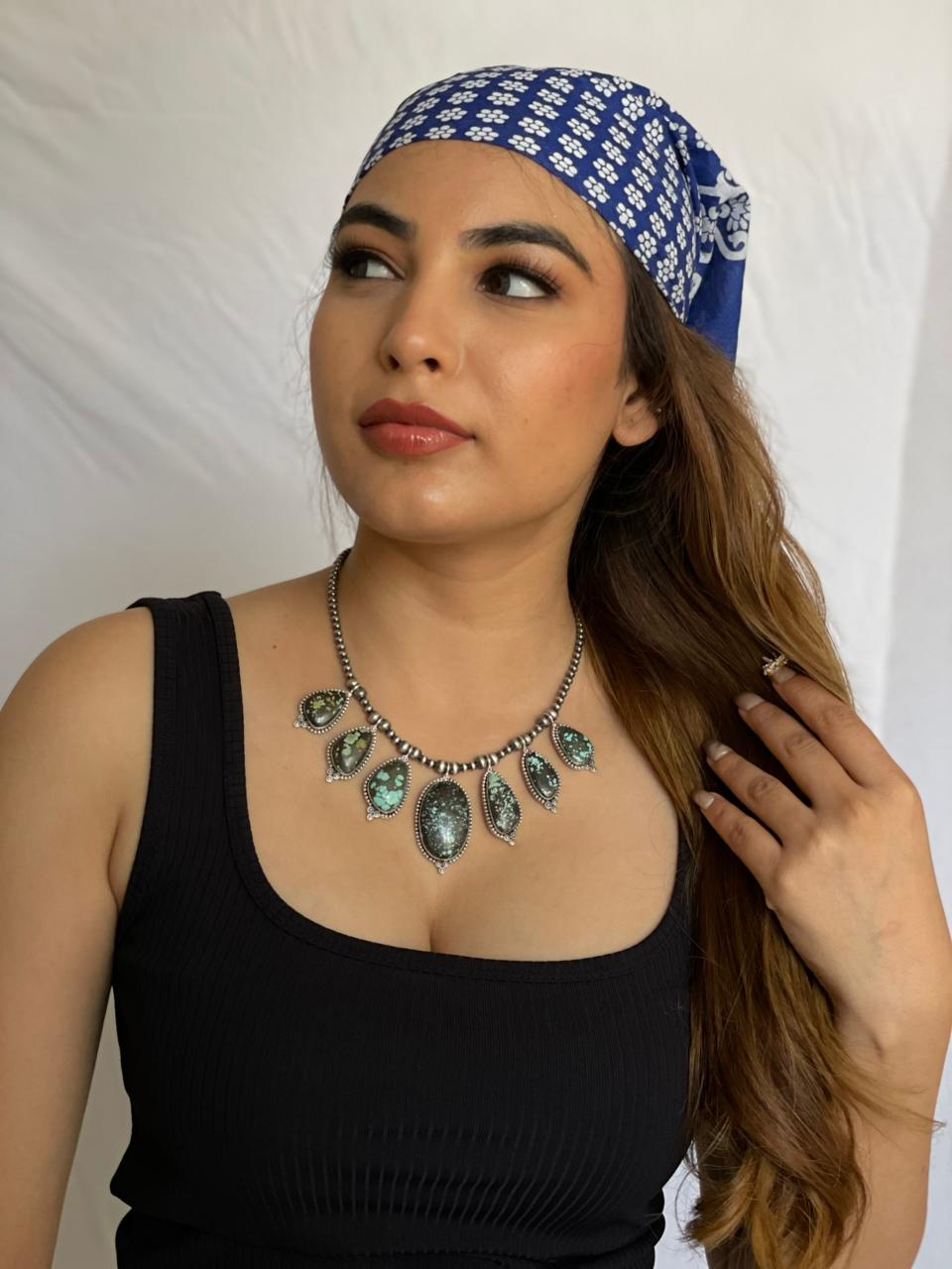 Handmade Sterling Silver Lander Turquoise Beaded Necklace with Signed Nizhoni