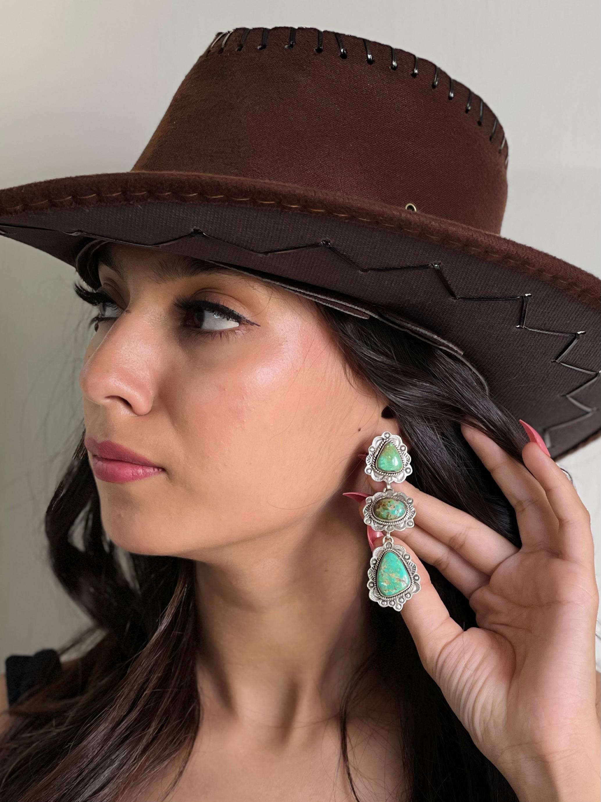 Handmade Sterling Silver Mantis Turquoise Post Dangle Earrings with Signed Nizhoni